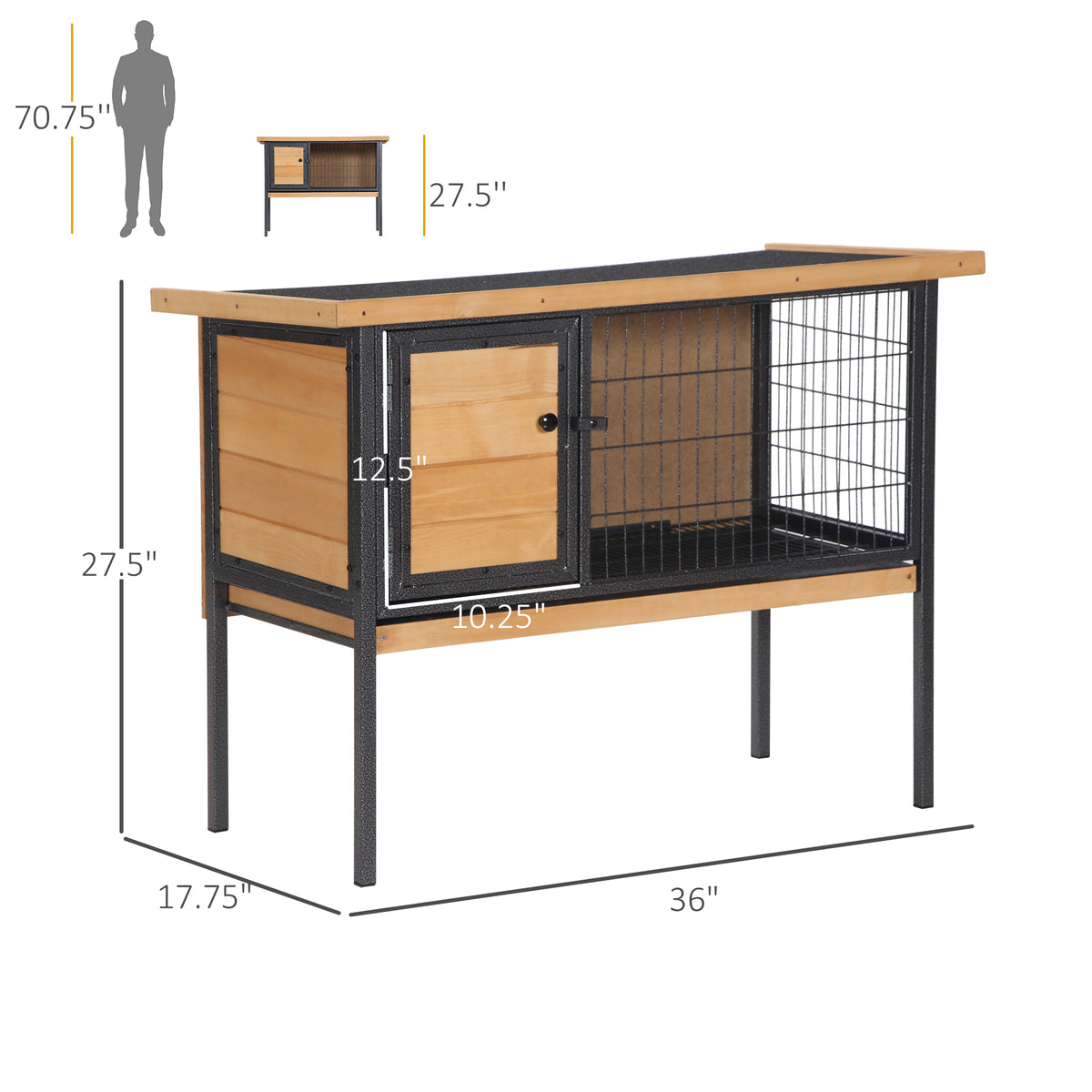Elevated Wooden Rabbit Hutch with Metal Frame & Weatherproof Roof for Small Animals