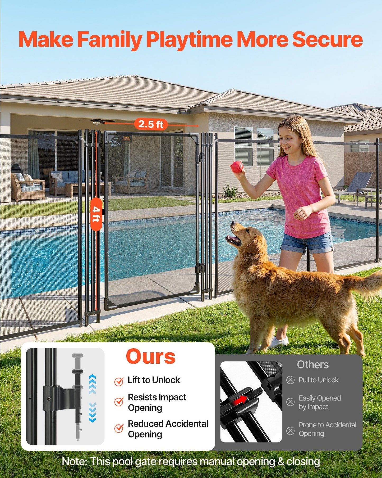 Black Pool Fence Gate 4x2.5 Ft Security Mesh Outdoor Barrier with Lockable Latch