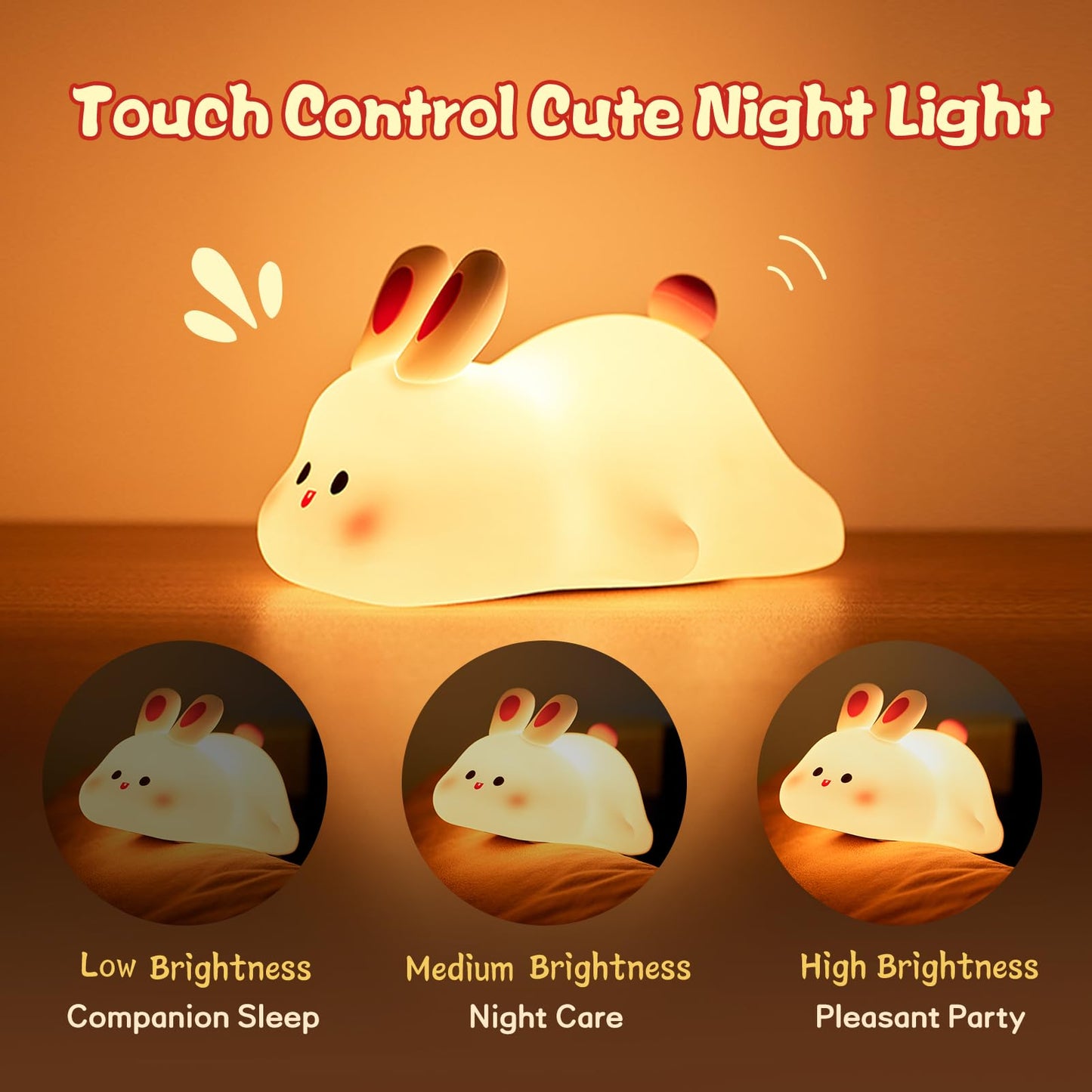 Cute LED Night Light for Kids - Touch Control Rabbit & Duck Nightlights, Rechargeable Bedside Lamp, Christmas Gift
