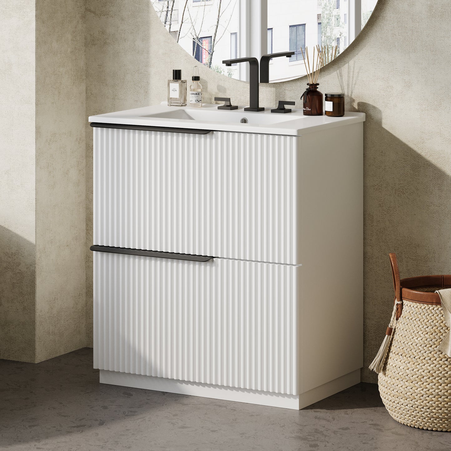 30" Bathroom Vanity with Ceramic Sink & Full-Extension Drawers - White