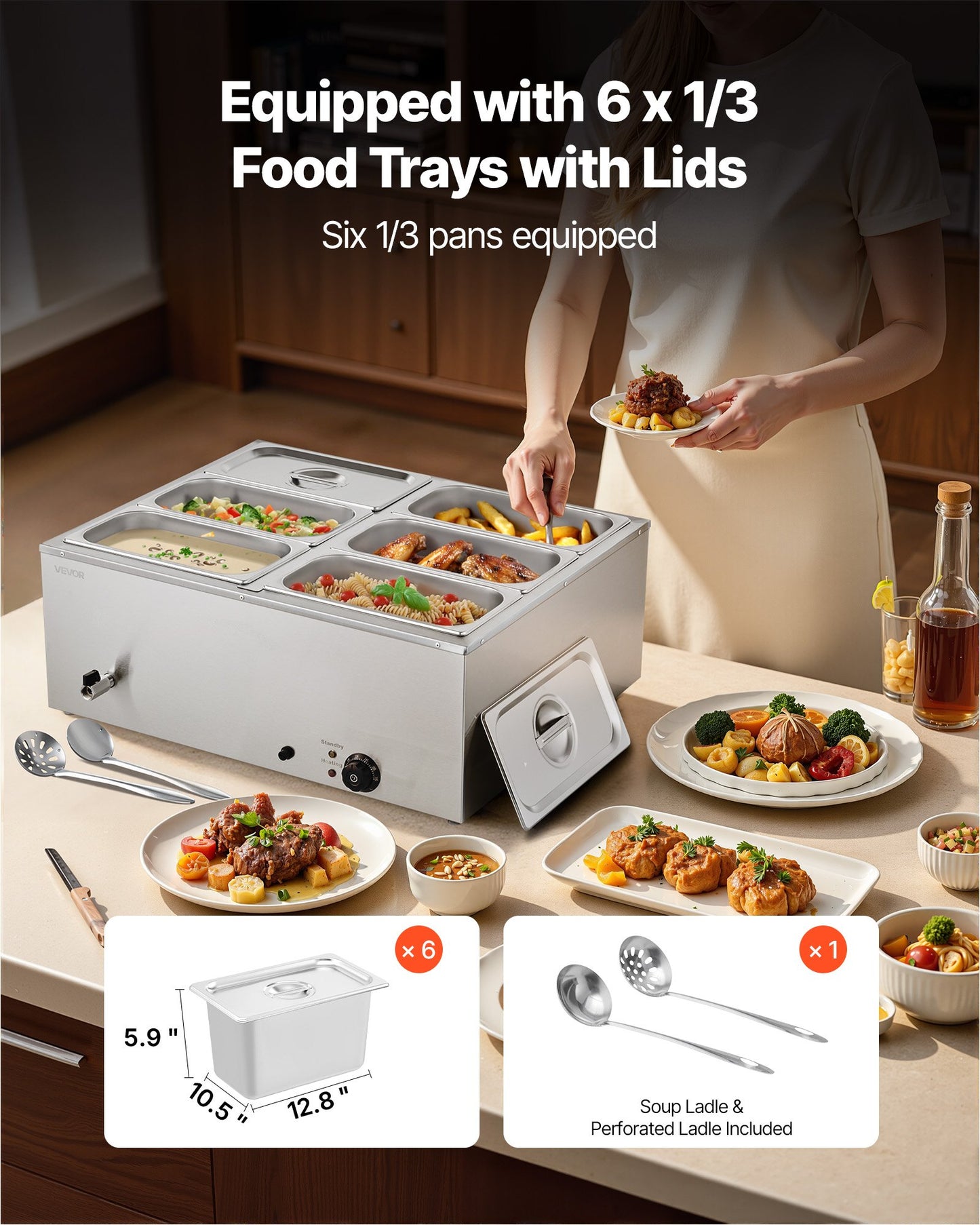 Commercial Food Warmer 6-Pan 1500W Countertop Buffet Bain Marie with Lid - Silver