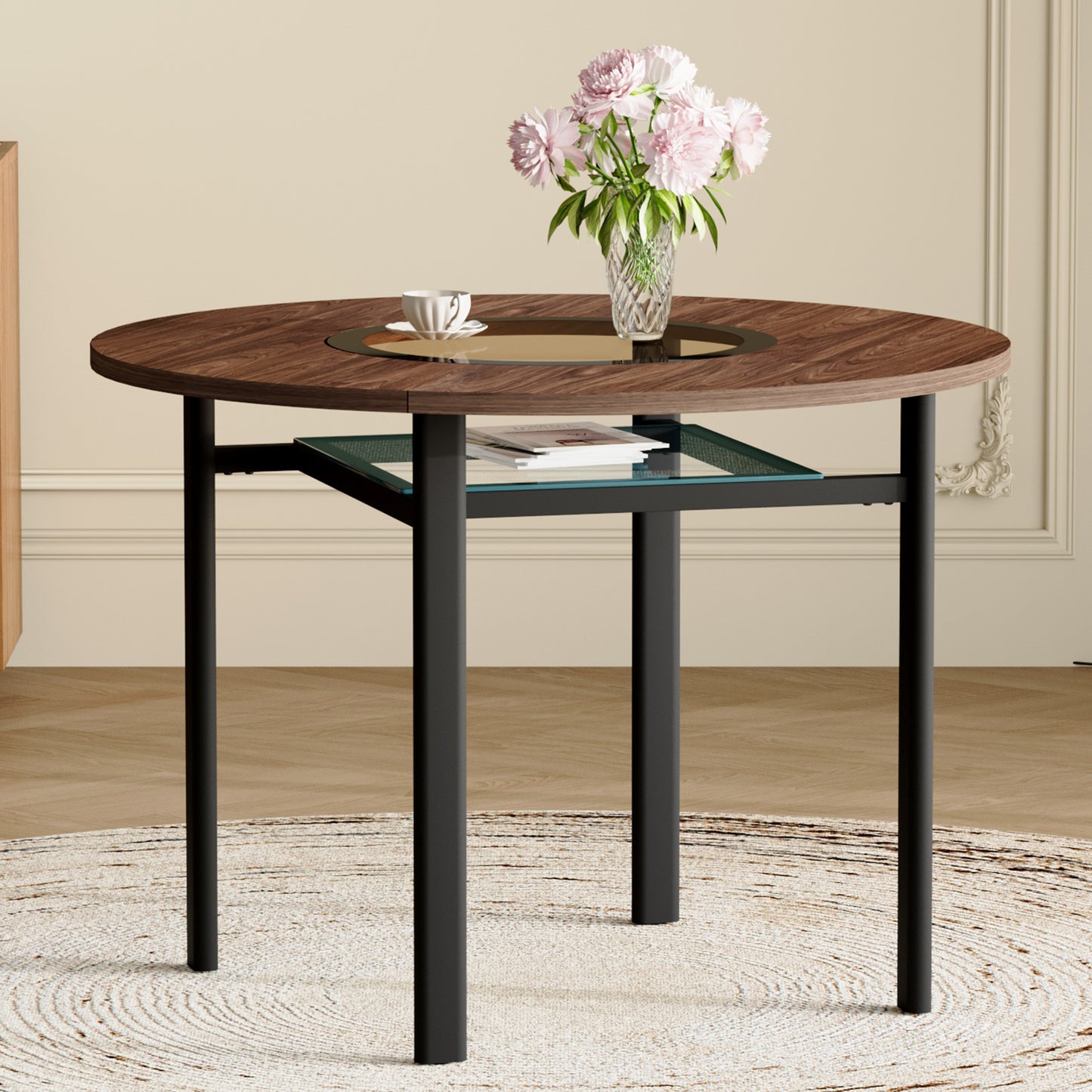 42 Inch Modern Minimalist Brown Wood Grain Round Dining Table