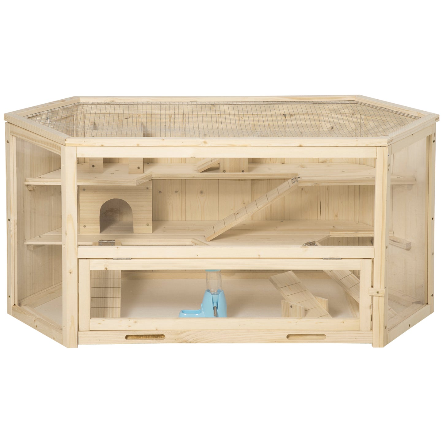 Large Wooden Hamster Cage with 3 Tiers, Seesaws & Water Bottle - Natural