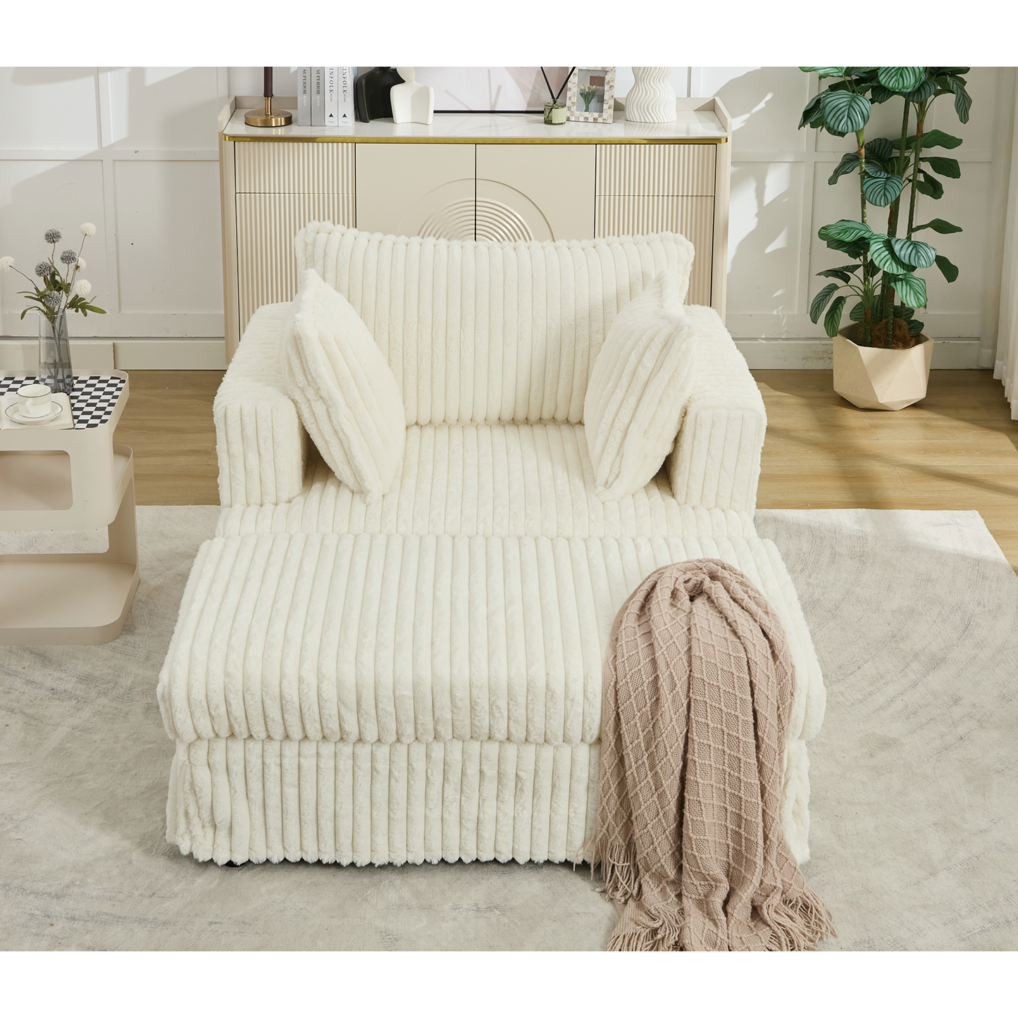 Oversized Corduroy Chaise Longue with Ottoman - Beige