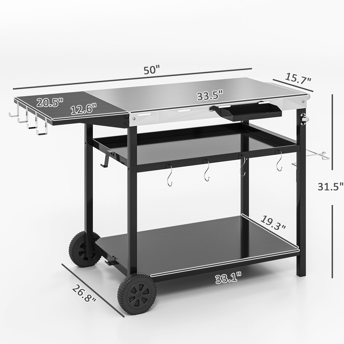 Outdoor Bar Cart with Stainless Steel Top & Wheels - Black