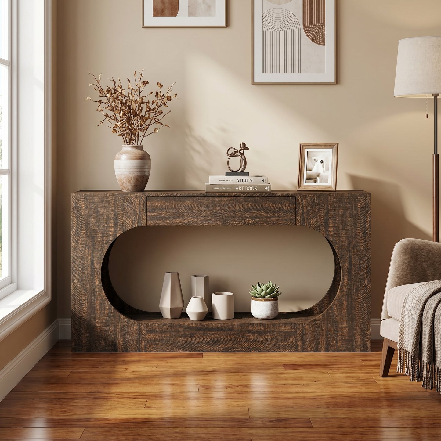 Narrow Walnut Wood Grain Console Table with Drawer - 63"