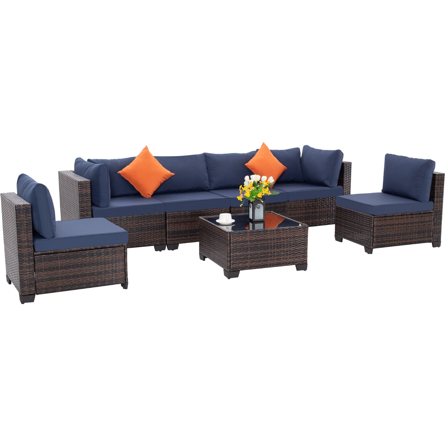 7-Piece Outdoor Patio Furniture Set - All-Weather Wicker Sectional Sofa with Cushions & Glass Table - Brown