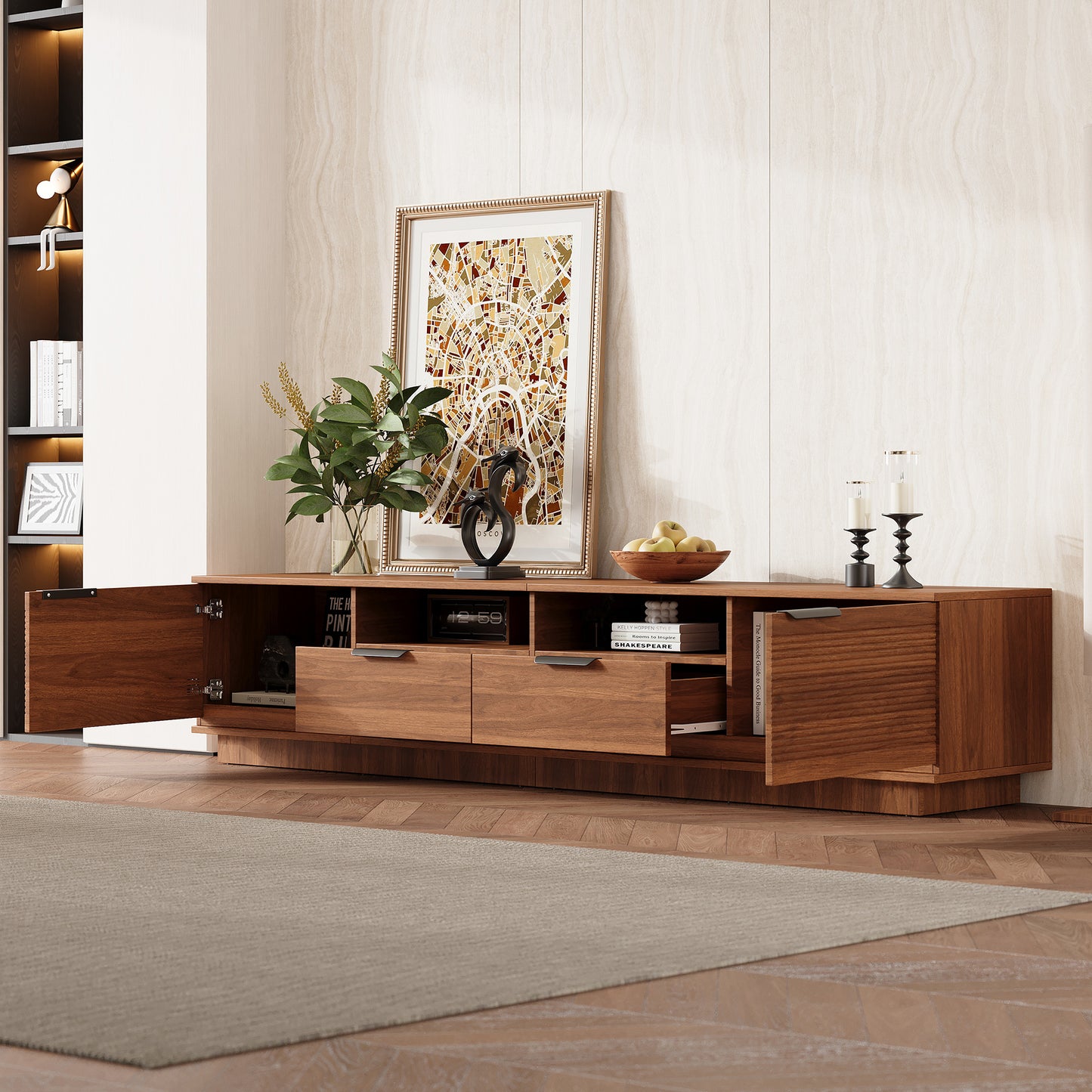 78 Inch Modern TV Stand for 85 Inch TVs - Walnut Finish