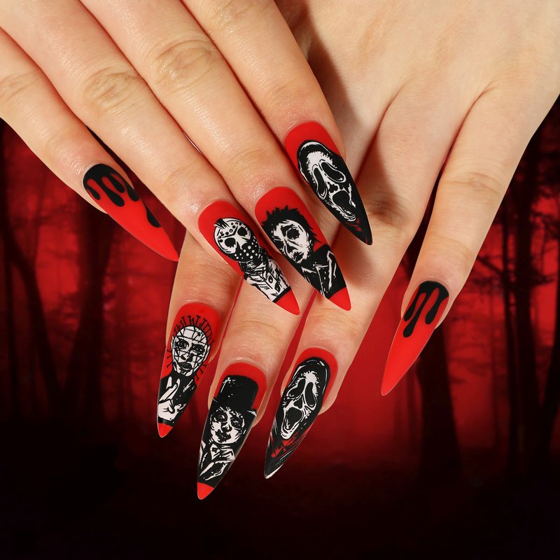 Halloween Skull Nail Tips - 24pc Long Pointed Press-On Set