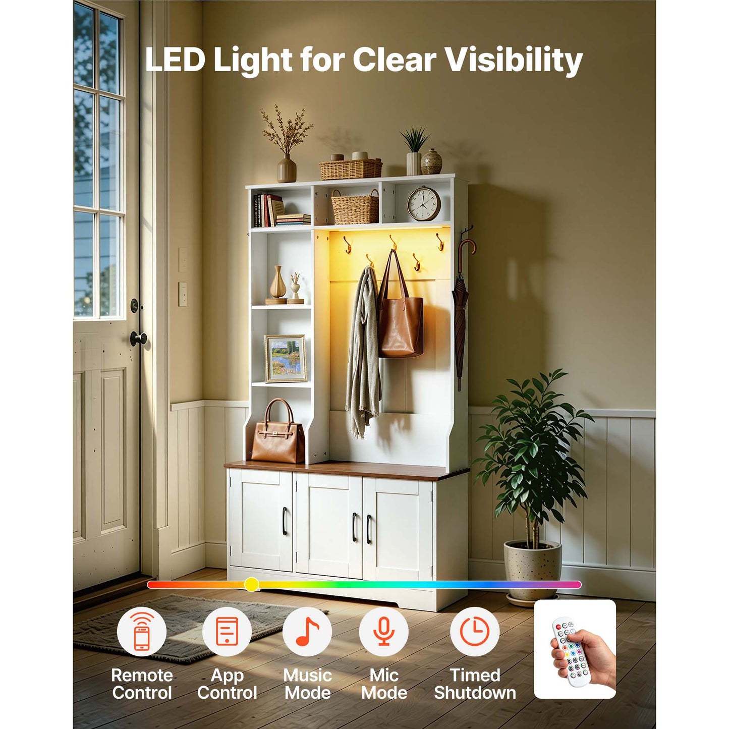 Hall Tree with Bench and Shoe Storage - 39-Inch Entryway Organizer with LED Light, Hooks, Shelves, White