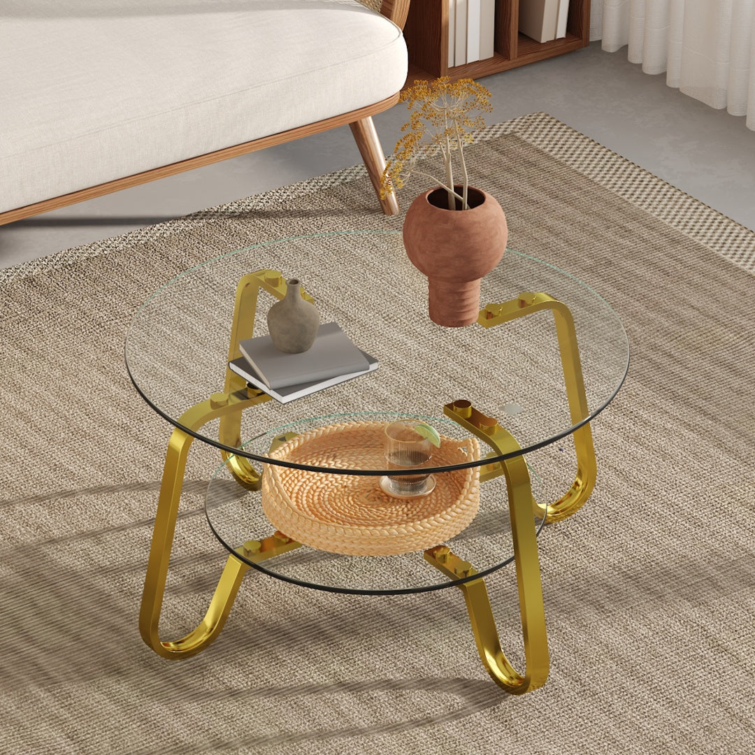 Retro Gold Metal Frame Double-Layer Glass Coffee Table - 31.5"