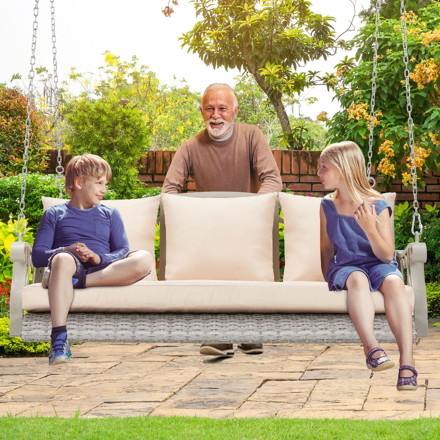 Outdoor Porch Swing Basket with Cushions and Side Table