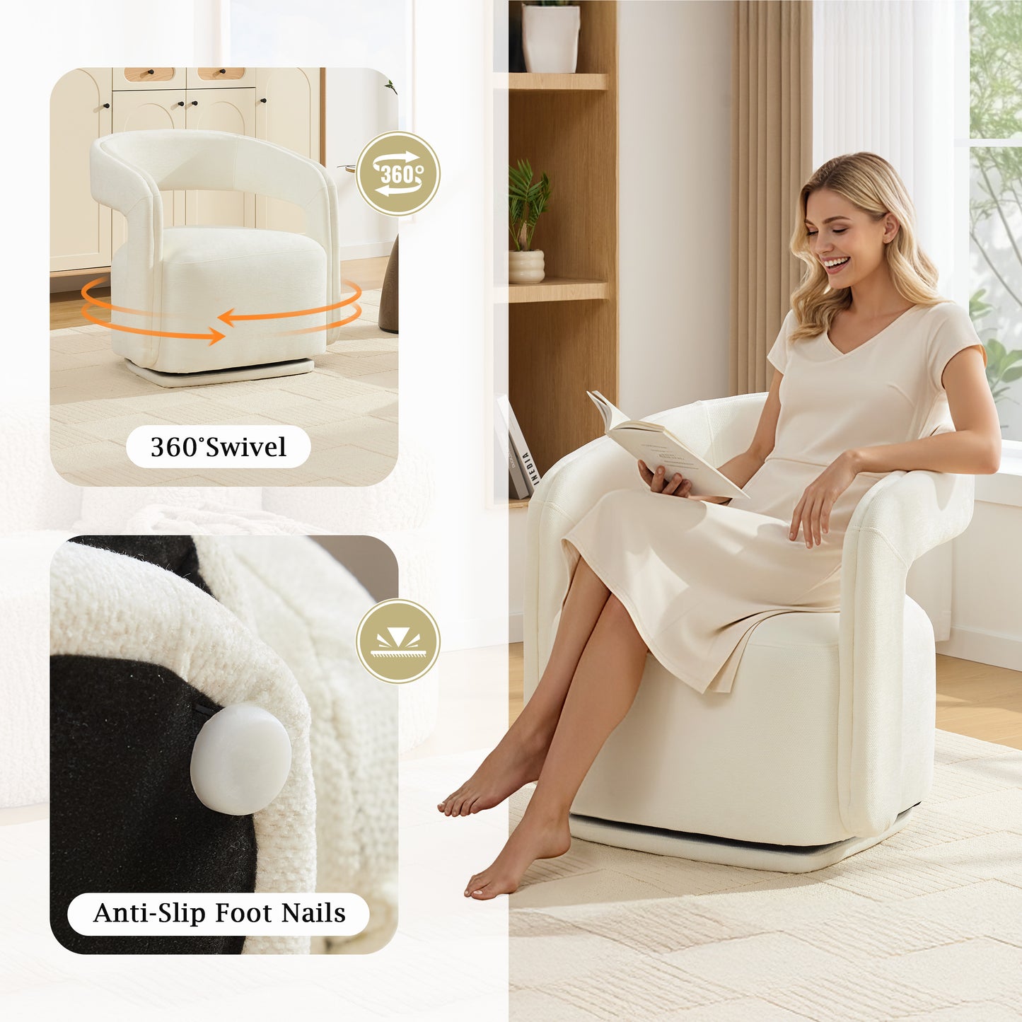 Comfy Chenille Fabric Swivel Accent Armchair - White