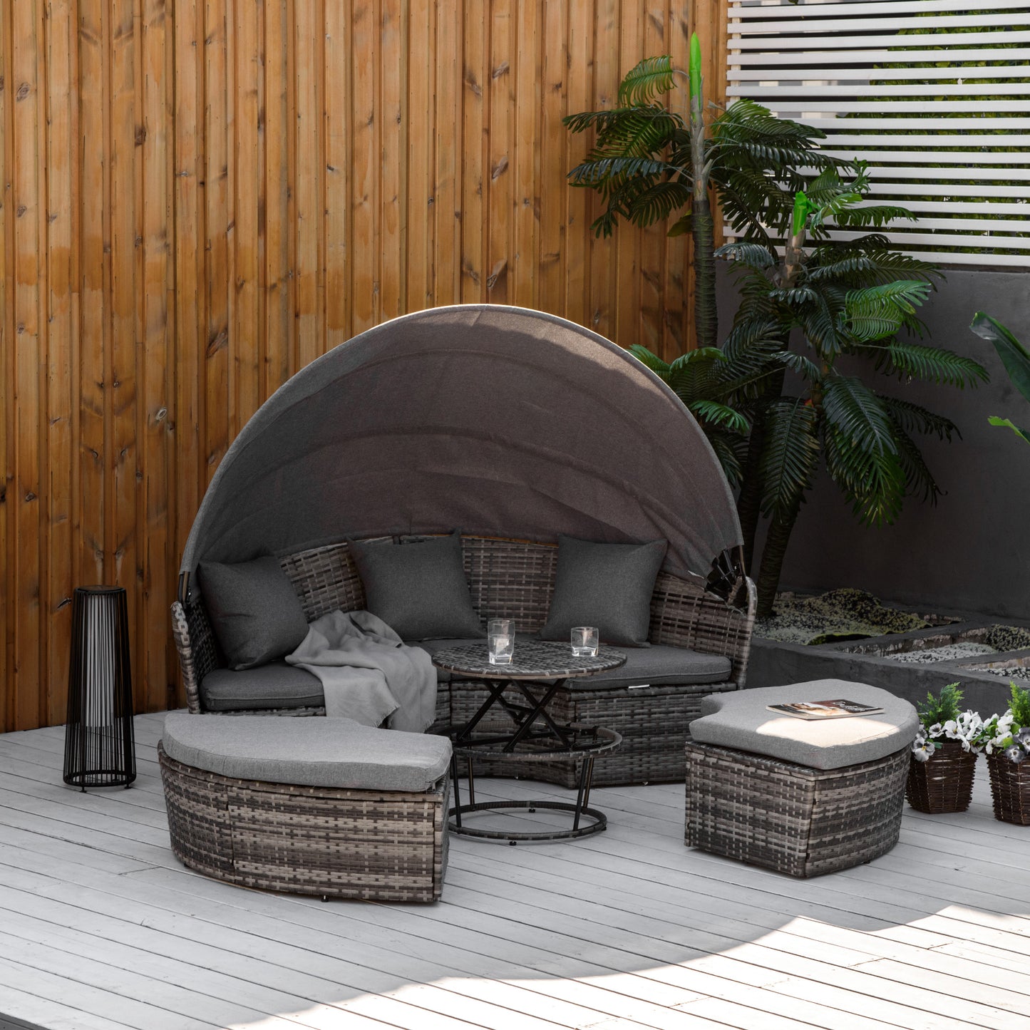 4-Piece Round Rattan Daybed Set with Adjustable Canopy - Gray