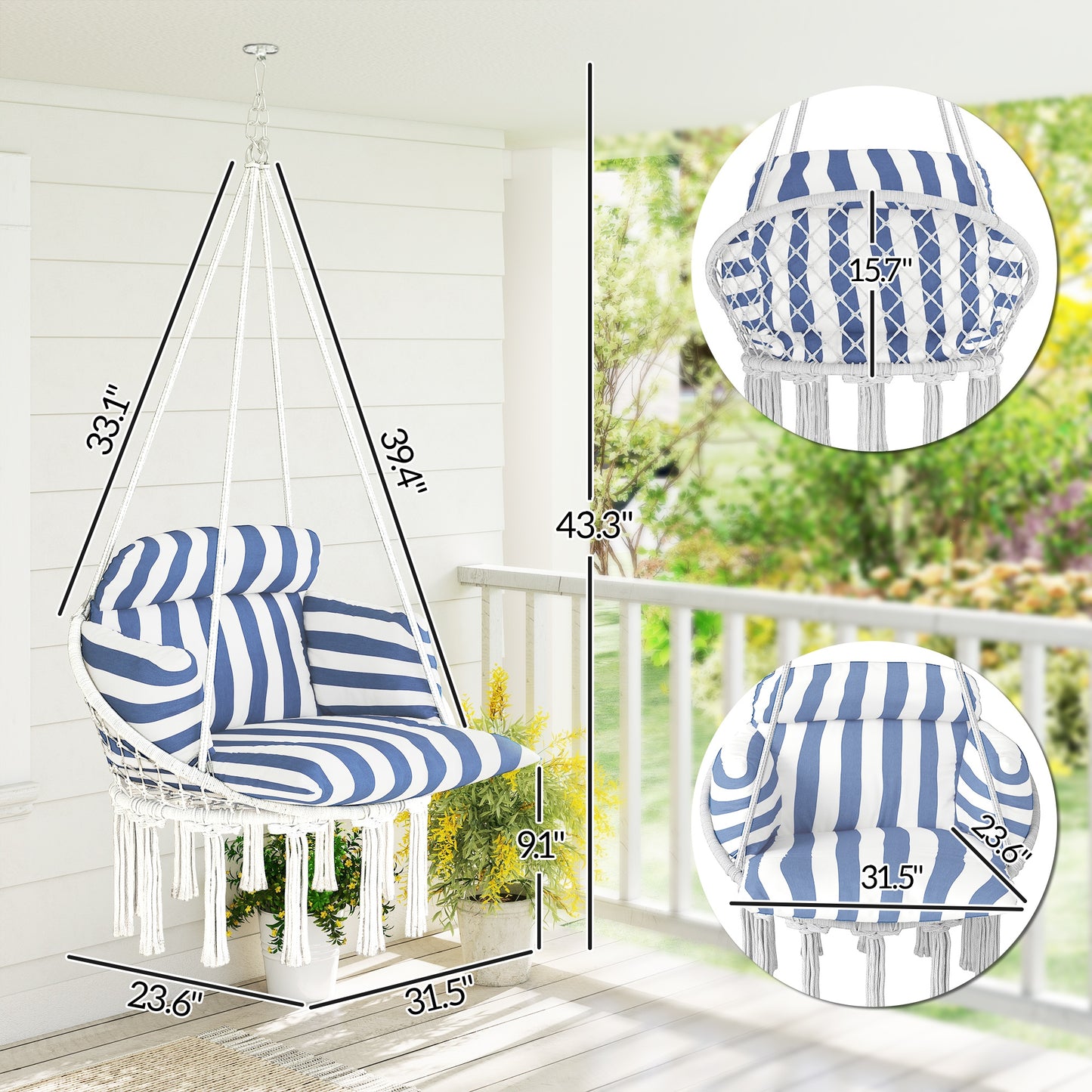 Macrame Hanging Hammock Chair with Large Cushion - Blue & White