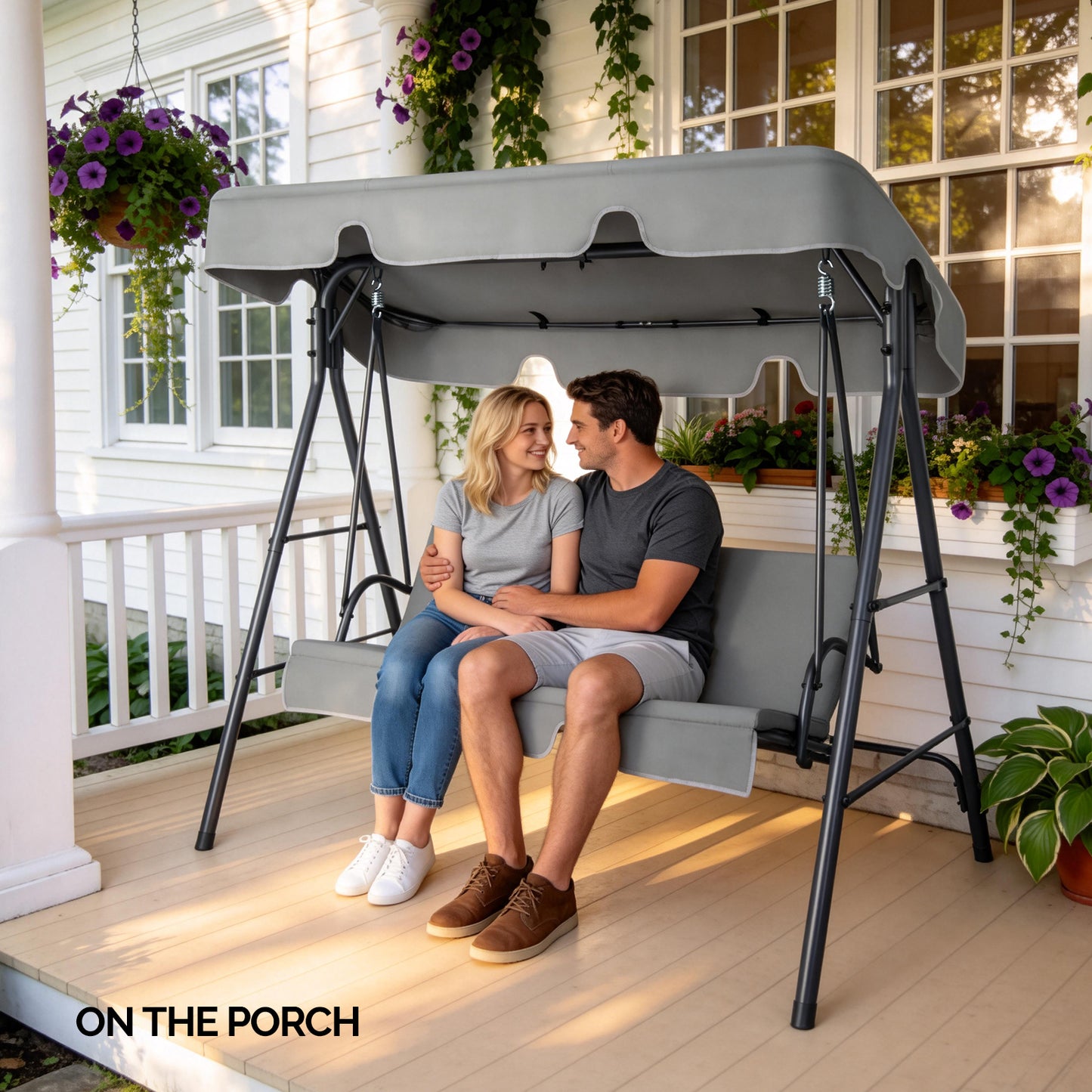 3-Person Garden Swing Set with Adjustable Canopy & Cushions