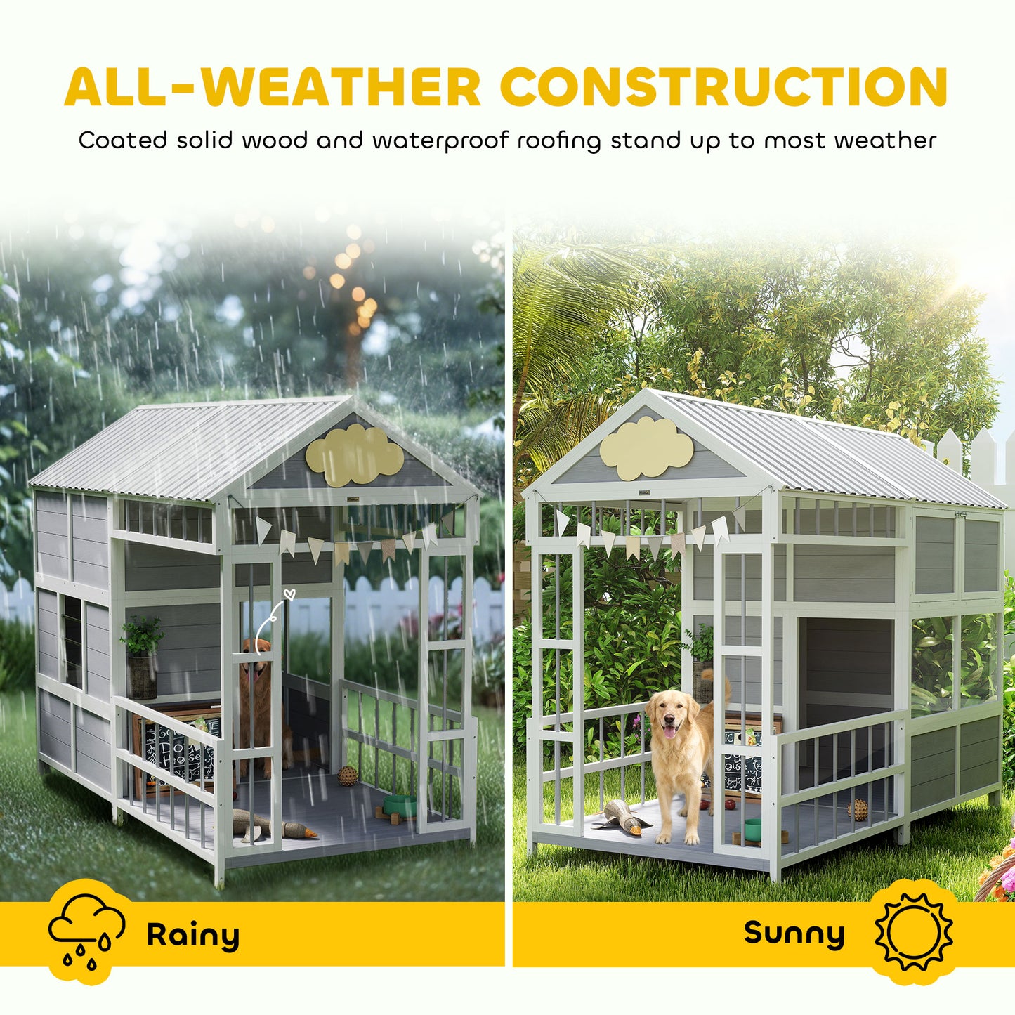 Large Wooden Dog House with Porch and Storage Cabinet - Weatherproof Outdoor Kennel