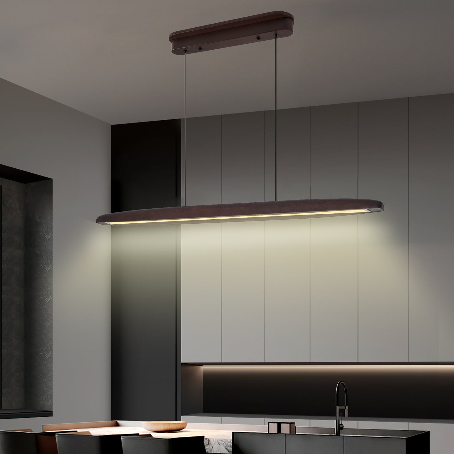 51-Inch LED Pendant Light with Remote Control - Walnut Finish