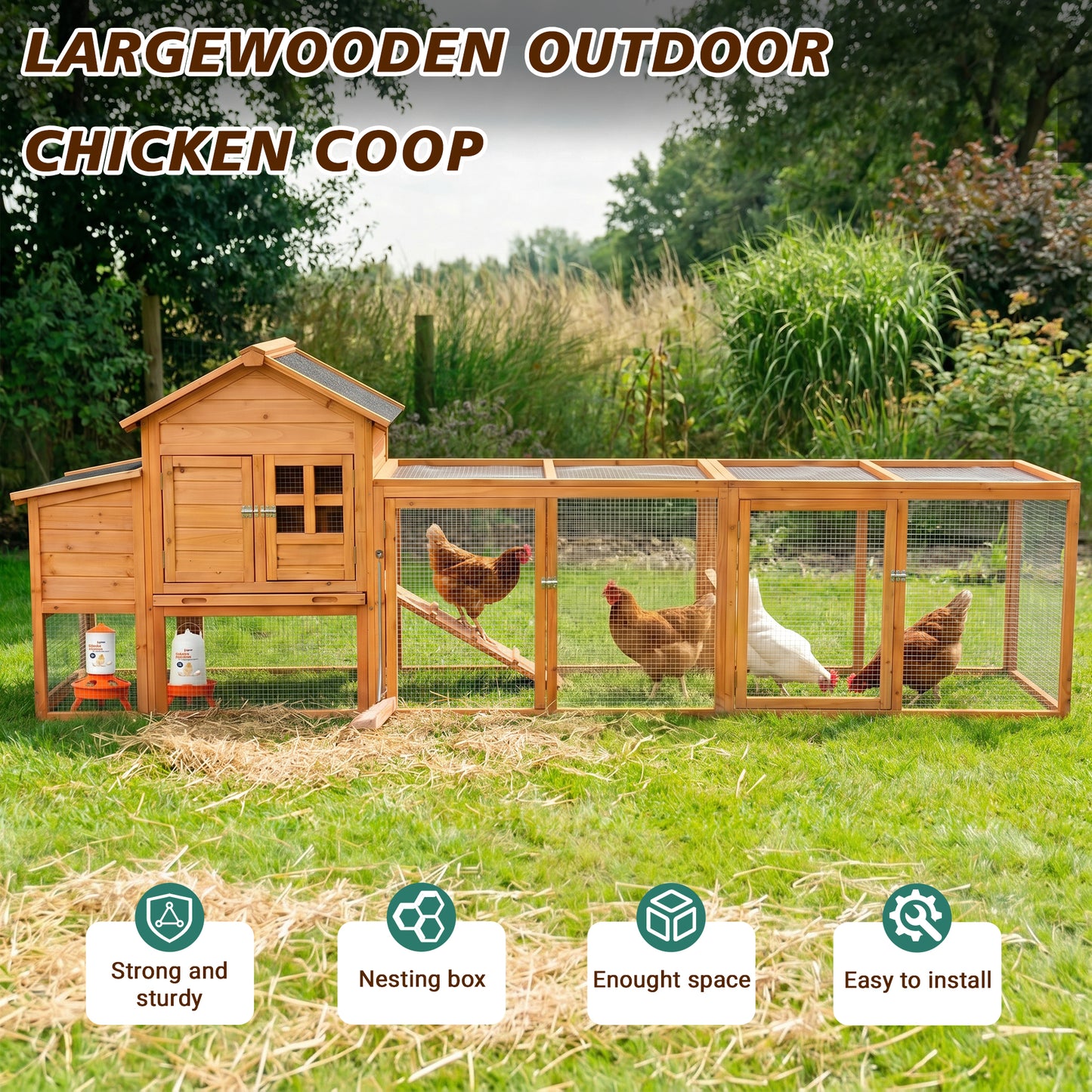Large Outdoor Chicken Coop with Run & Nest Box for 4-6 Chickens - Orange