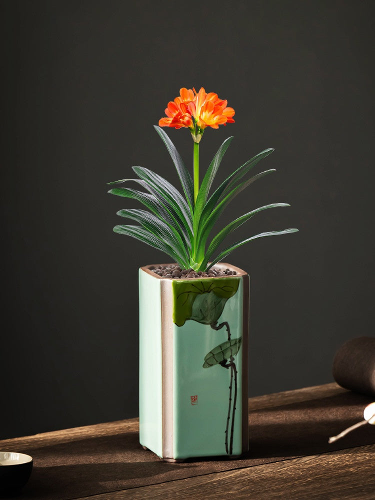 Indoor Decorative Ceramic Flower Pot with Support - Retro Square Design