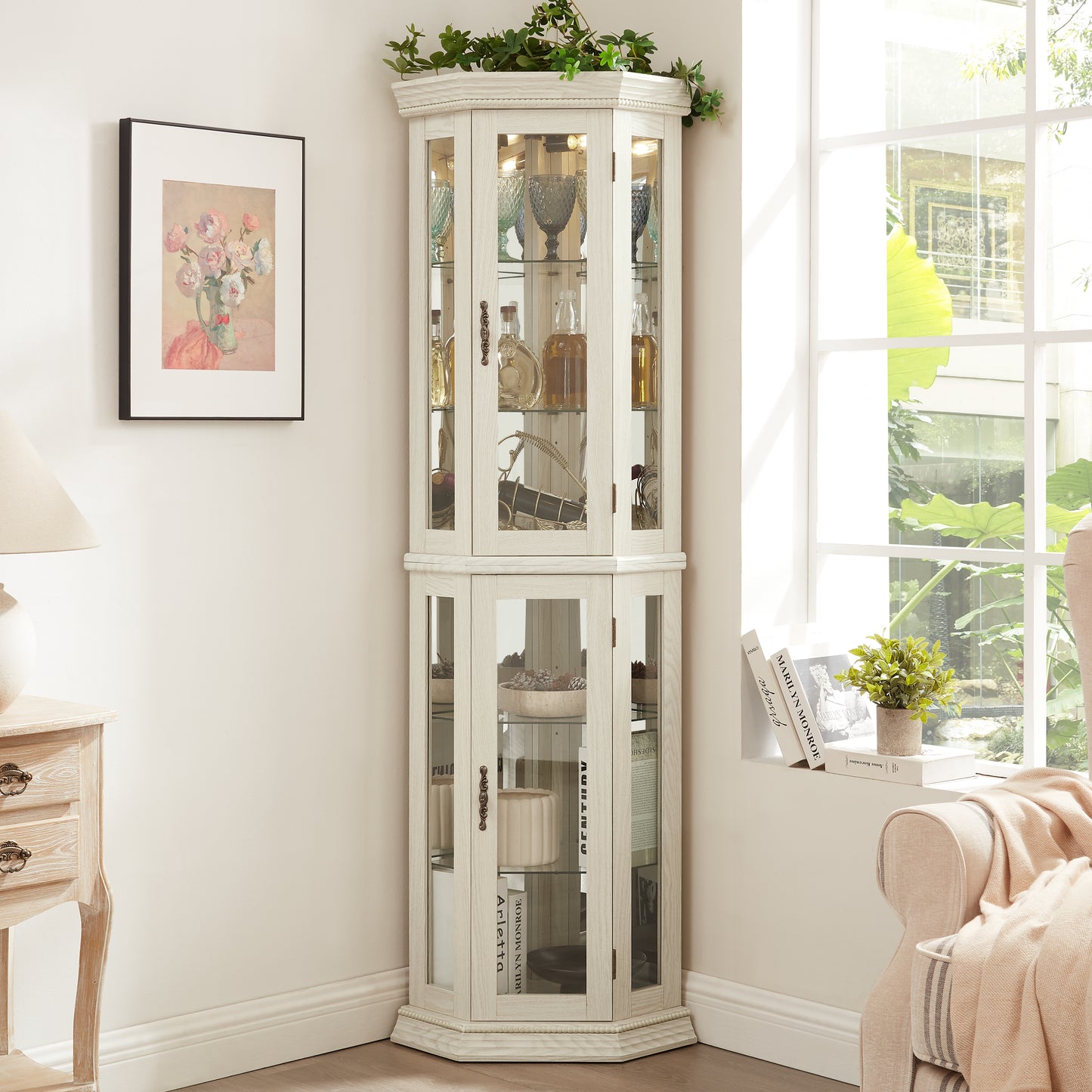 Lighted Corner Curio Cabinet - Glass Display Shelf With Tempered
