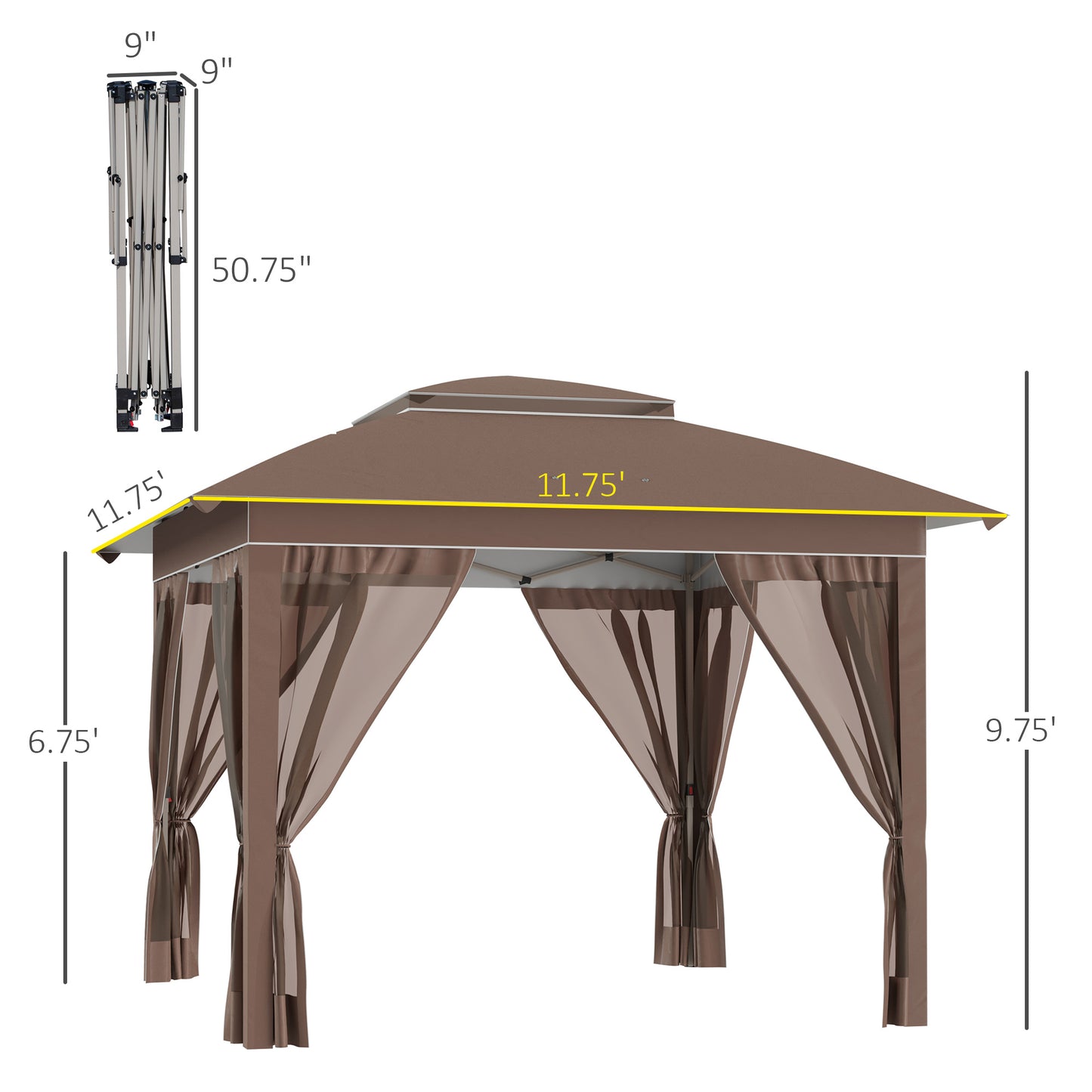 12x12 Pop Up Canopy Tent with Netting - Adjustable Height, Khaki