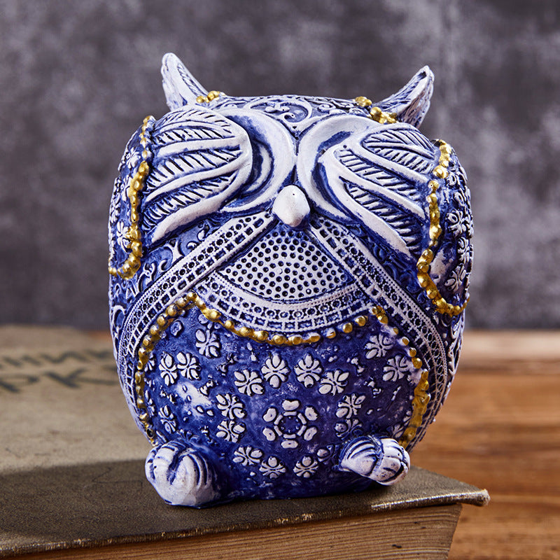Blue and White Owl Resin Ornaments - Home Decor Garden Accents