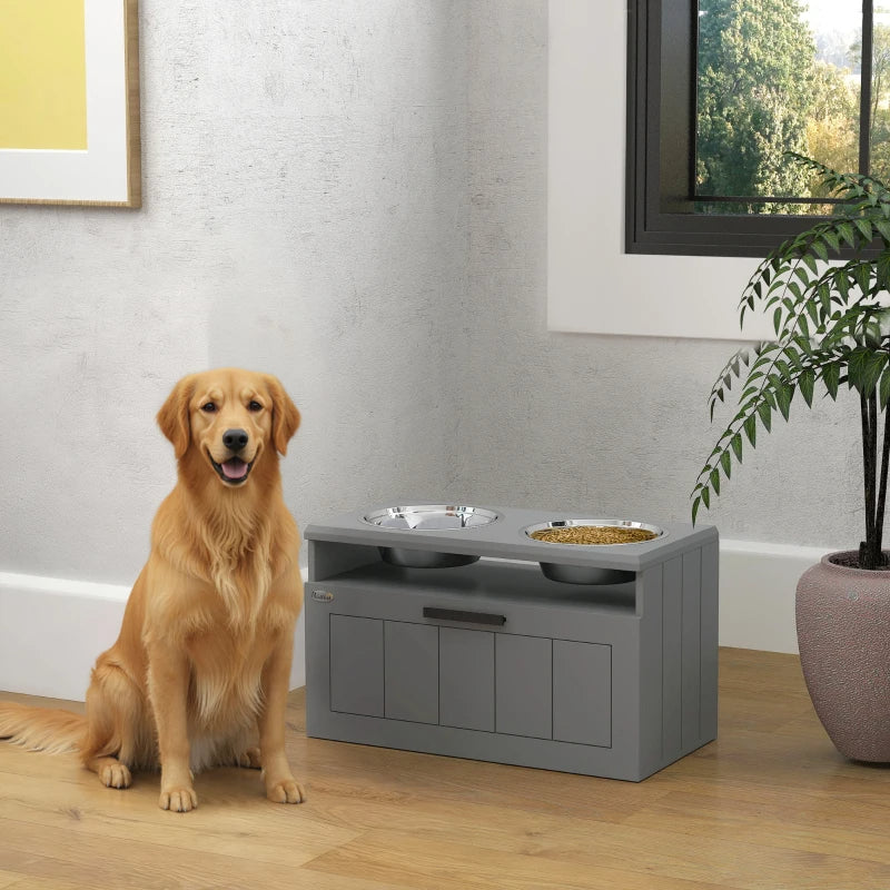 Large Elevated Dog Bowls Stand with 2 Stainless Steel Bowls, Storage Drawer & Slow Feeder Mat