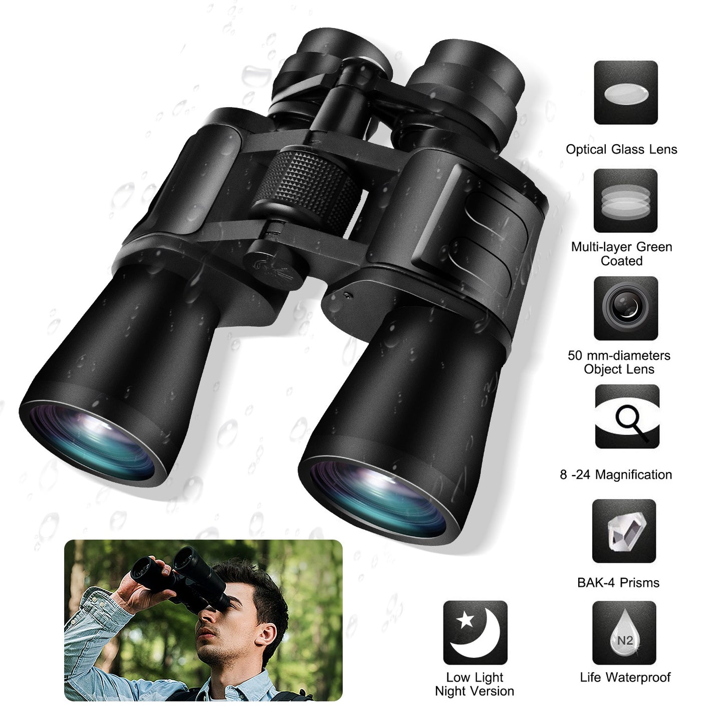 Portable Zoom Binoculars with Low Light Night Vision - Black