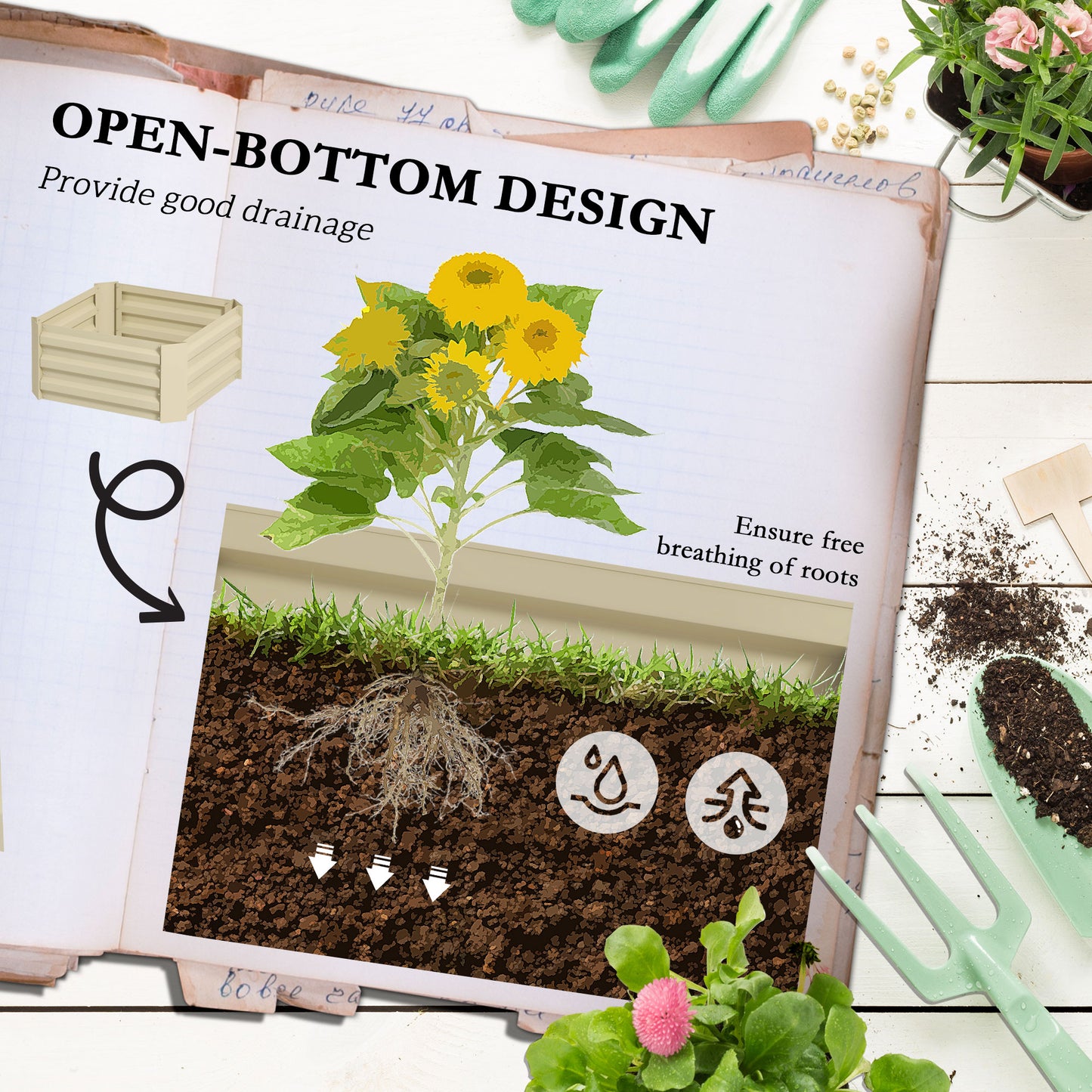 Galvanized Raised Garden Bed with Tomato Cage 24x24x73.5 inches - Cream