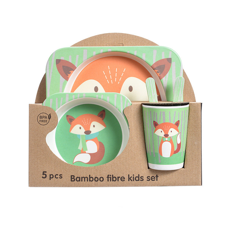 Baby Bamboo Tableware Set 5pcs - Cartoon Childrens Dinnerware for Kids