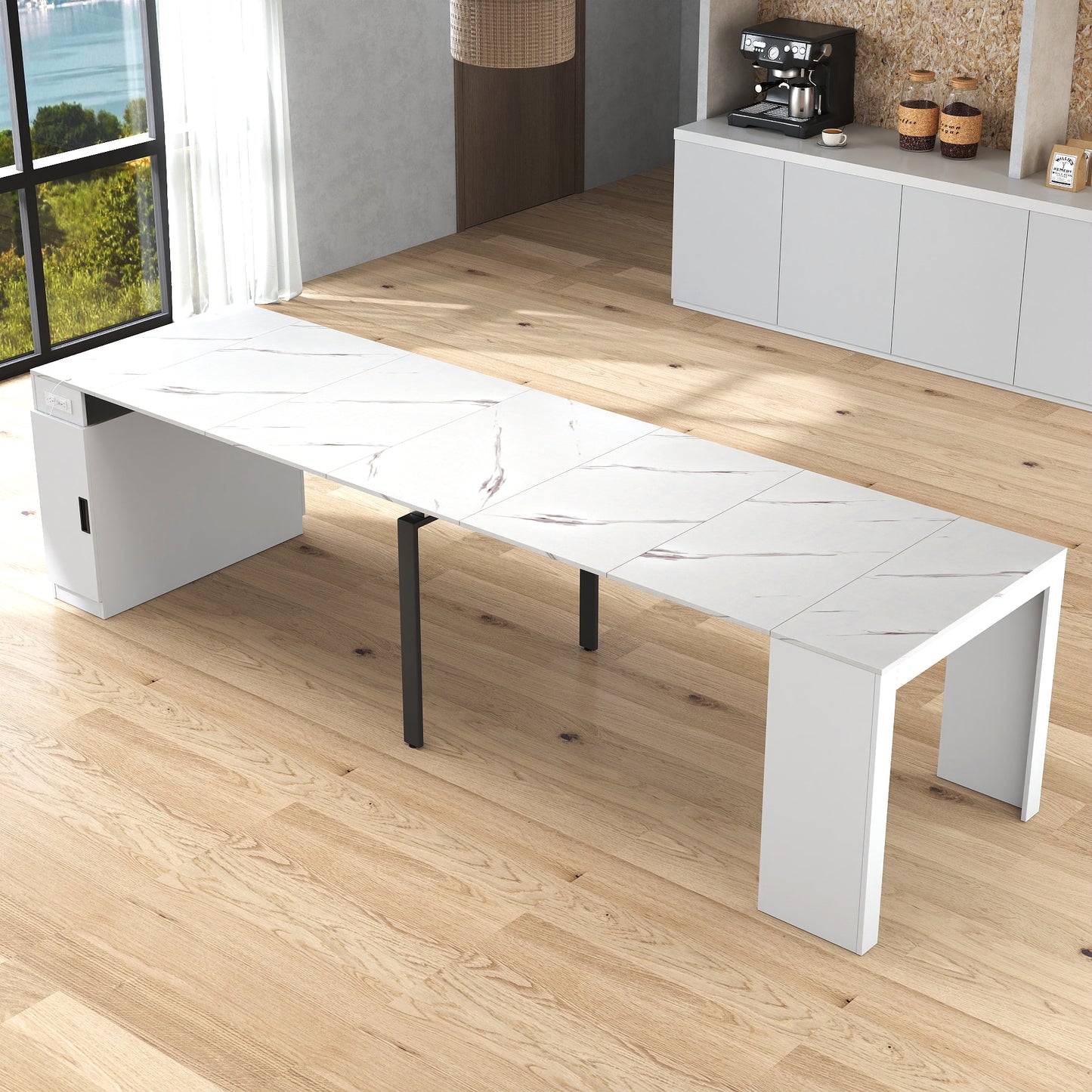 Extendable Dining Table with Outlet - Space-Saving White Design