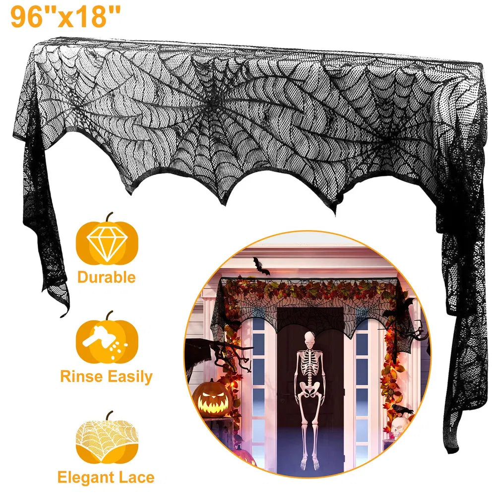 Halloween Black Lace Spiderweb Mantle Scarf - 96 x 18 Inch