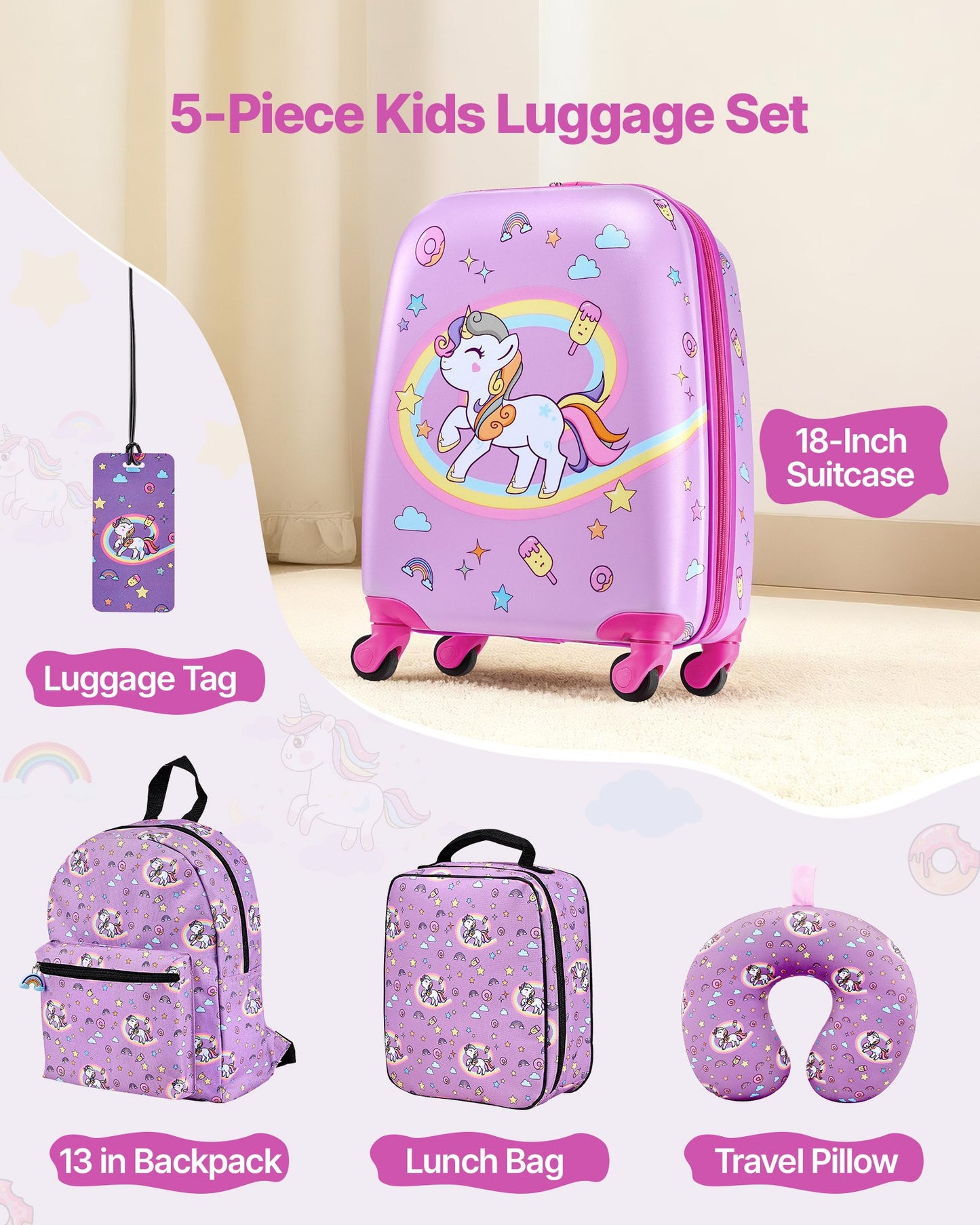 Kids Luggage Set 5 Pieces - 18 Inch Hardside Carry-On Suitcase with Backpack & Pillow, Travel Approved for Girls & Boys