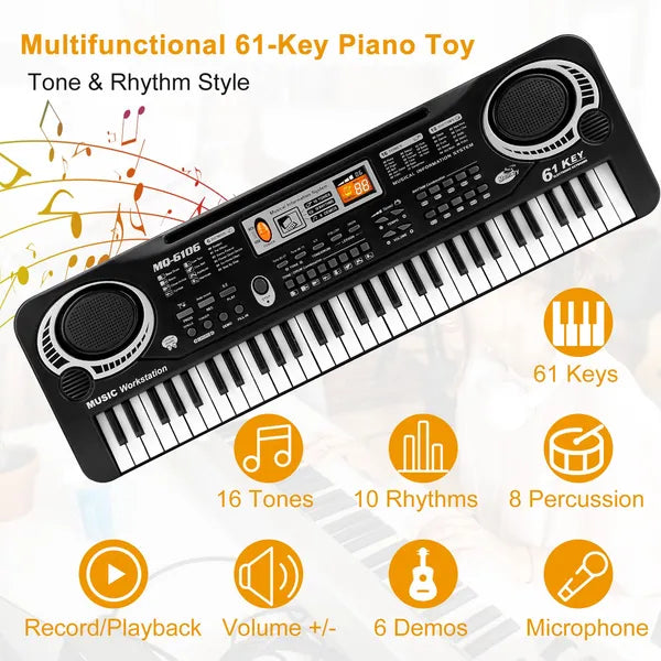 61-Key Digital Electronic Keyboard for Kids - Black Piano Toy