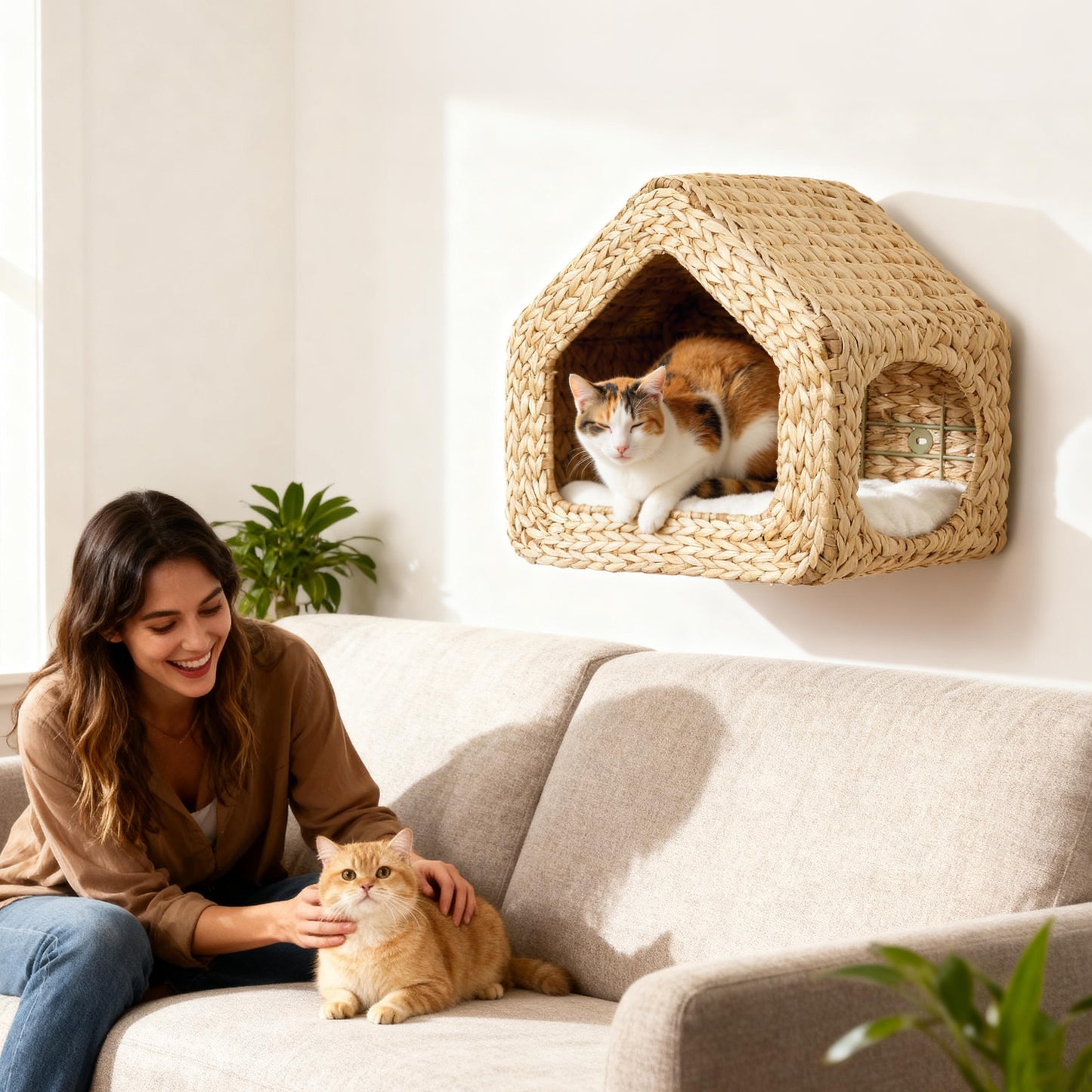 Wall Mounted Cat House with Washable Cushion - Natural Wood Cat Wall Shelf