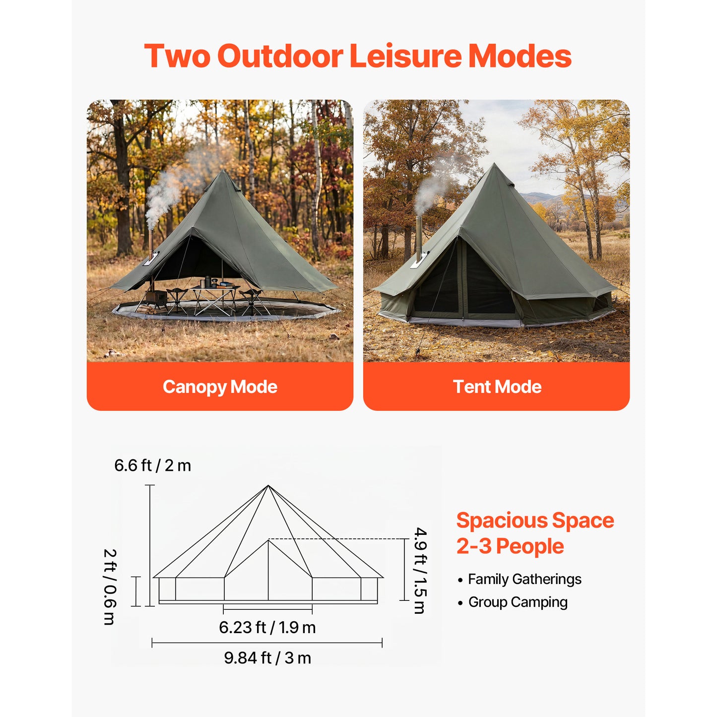 Canvas Bell Tent for Camping - 4 Seasons Yurt Tent with Stove Jack, Holds 3 Persons, Breathable & Detachable Floor