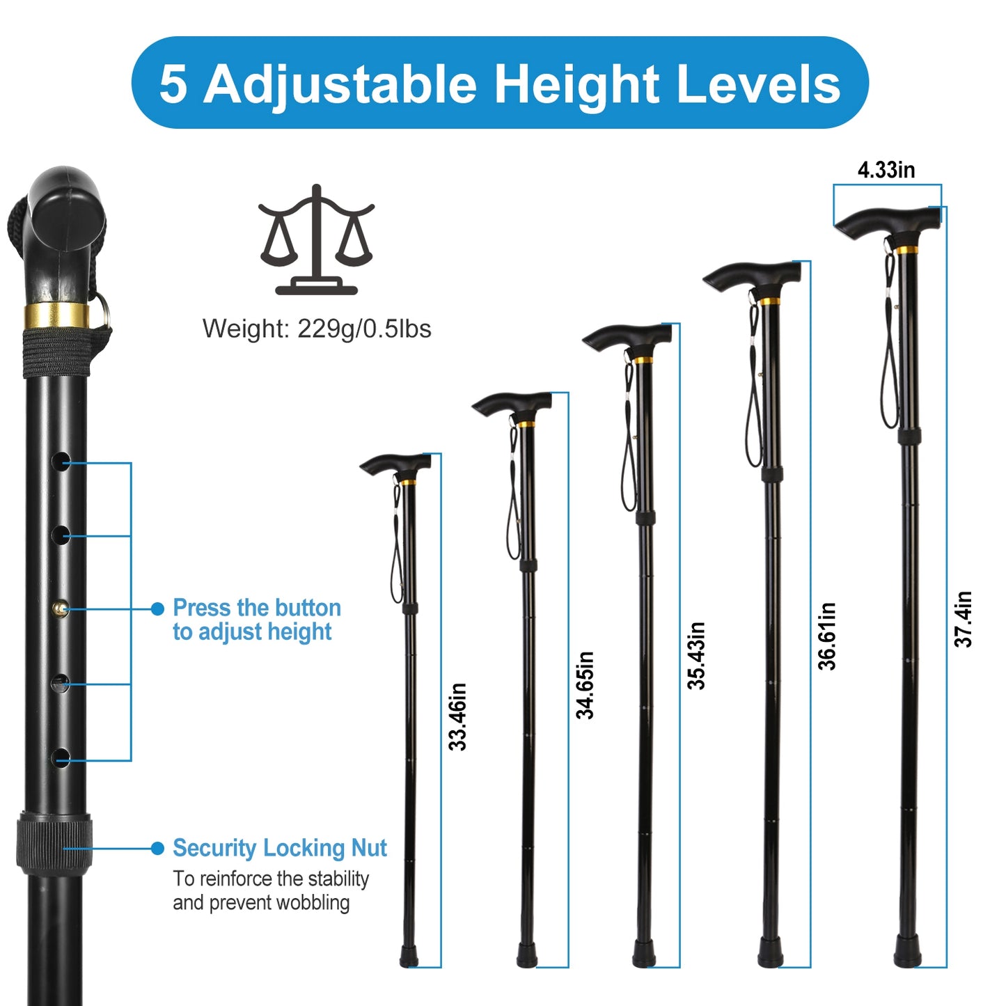Adjustable Folding Walking Cane - Lightweight Aluminum Alloy