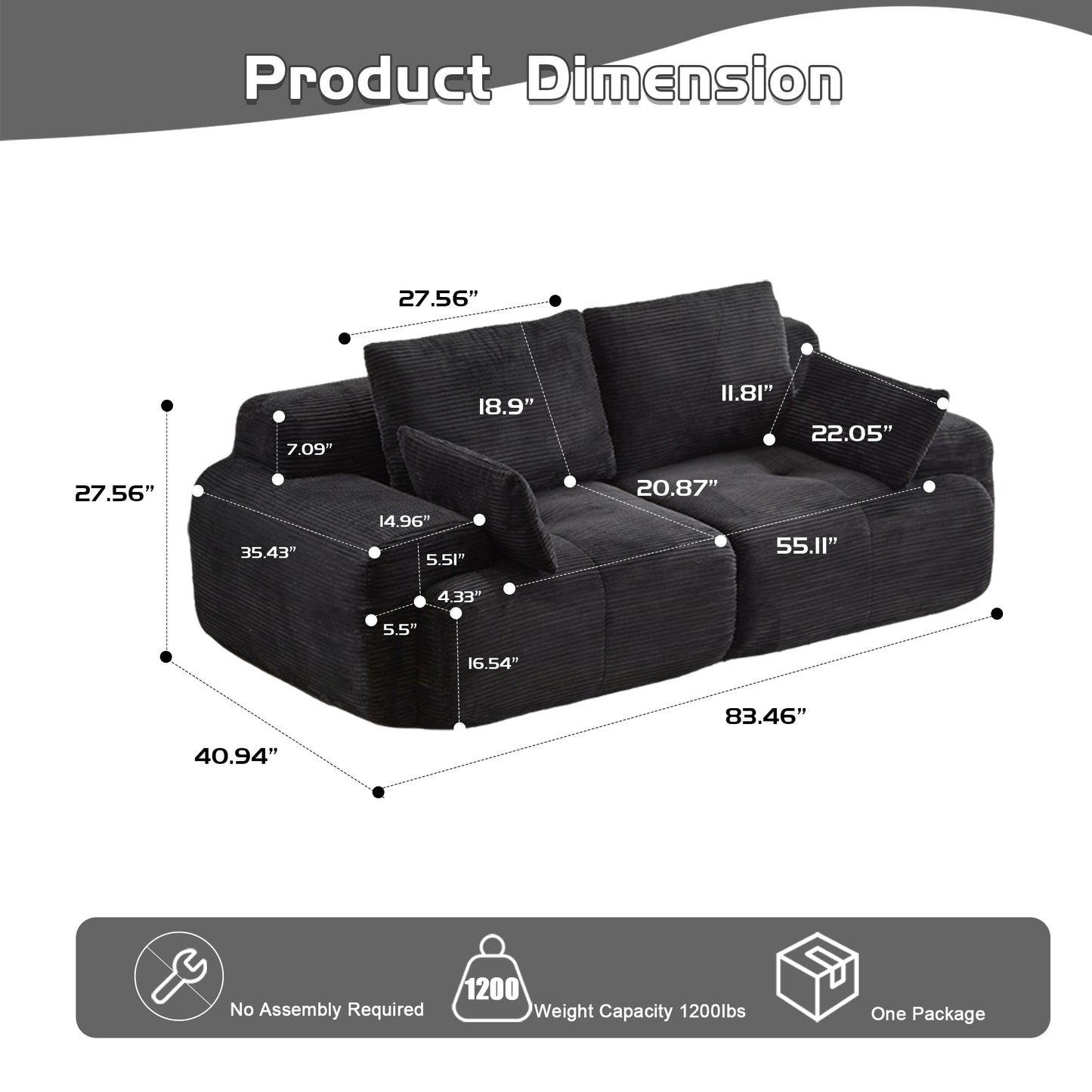 2-Seater Modular Memory Foam Sofa - Pet-Friendly Corduroy, Black