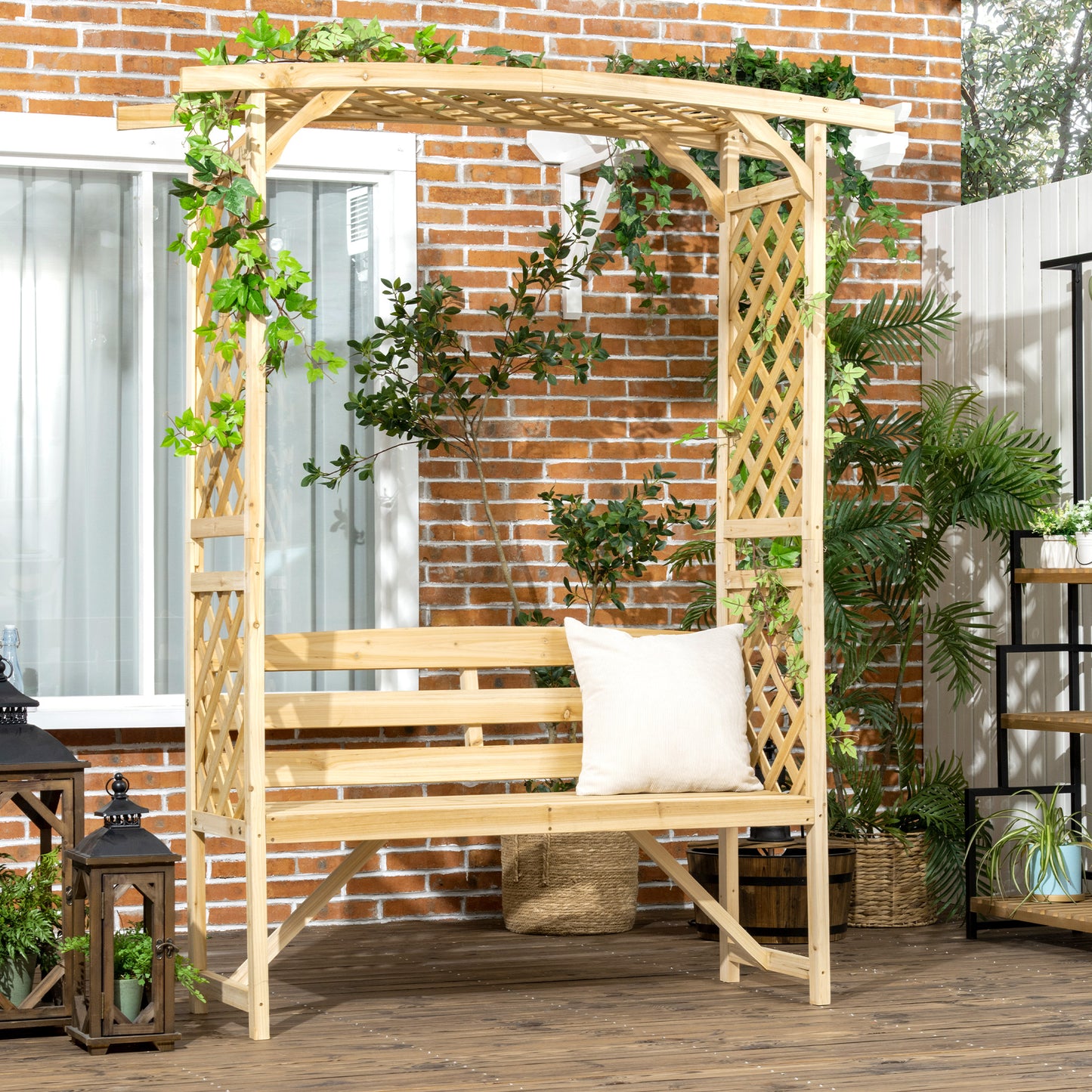 Outdoor Garden Bench with Trellis Arbor for Climbing Plants
