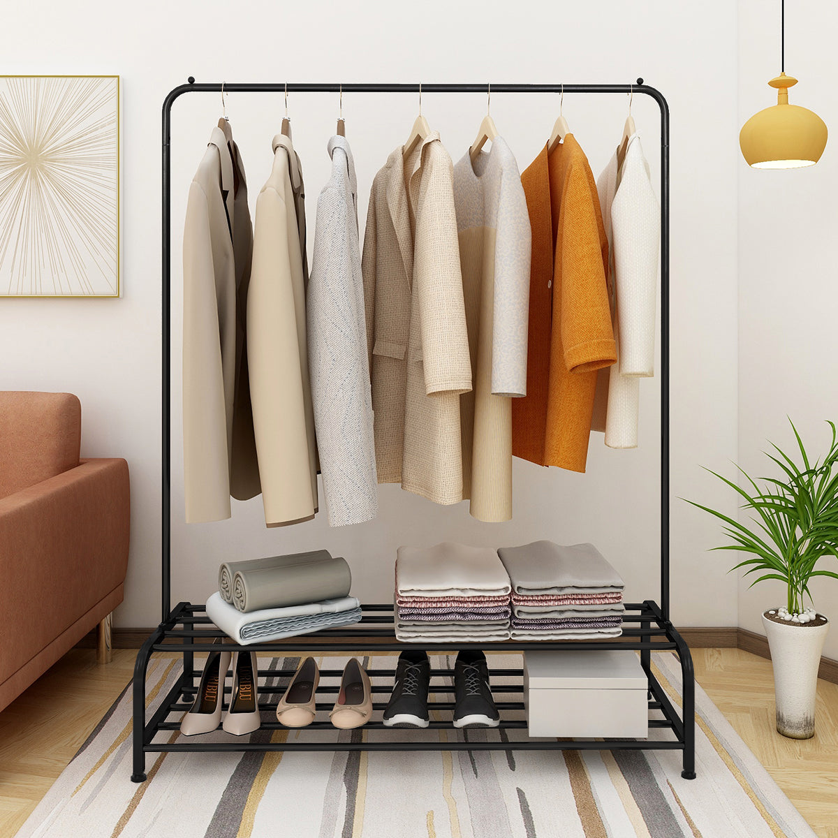 Heavy Duty Metal Garment Rack with Bottom Shelf - Black