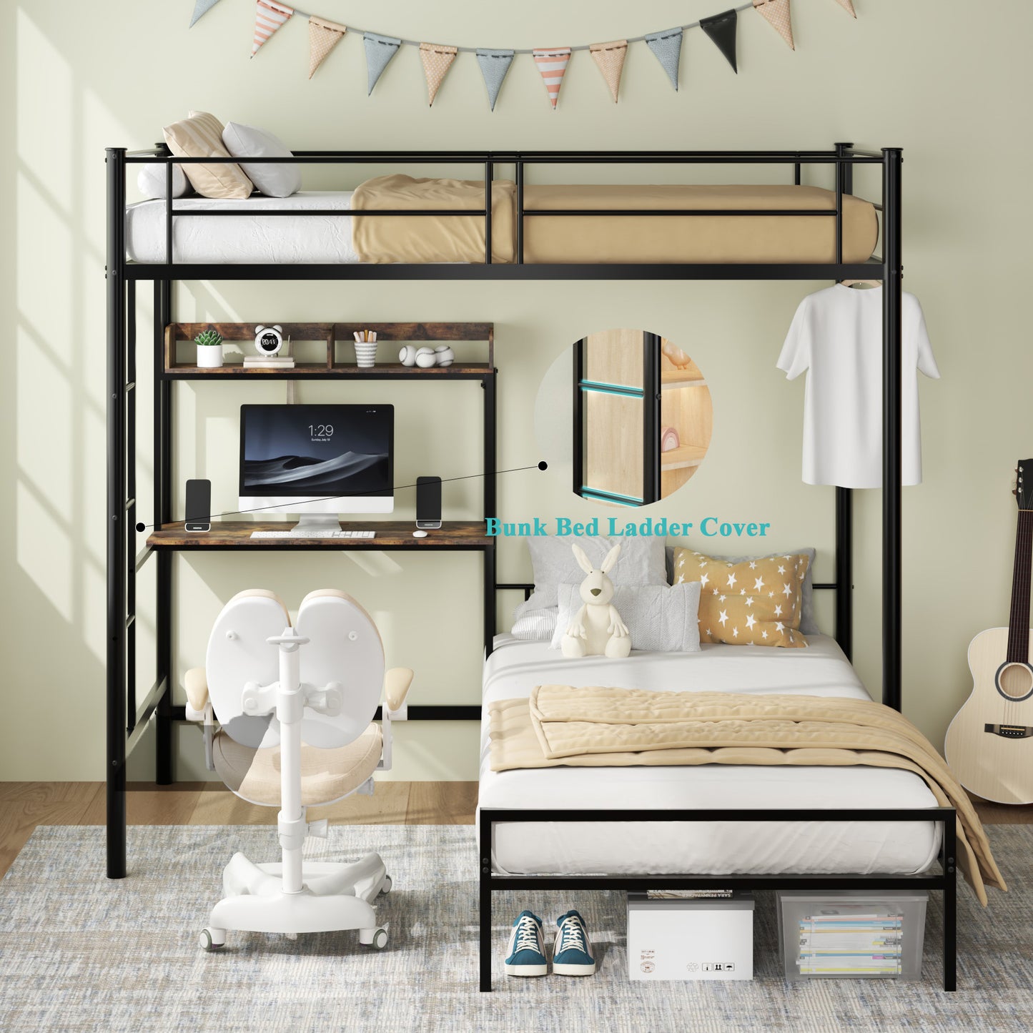 L-Shaped Twin Bunk Bed with Desk & Charging Station - Black