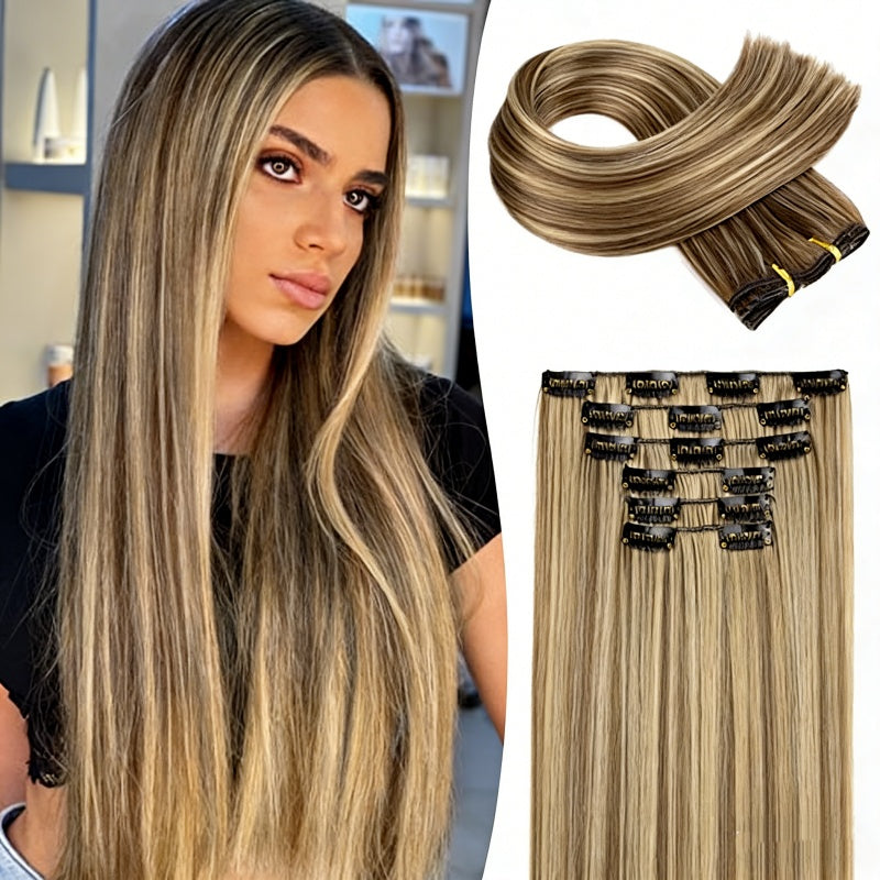 Clip-In Synthetic Hairpiece - Cool Brown with Blonde Highlights, HH008