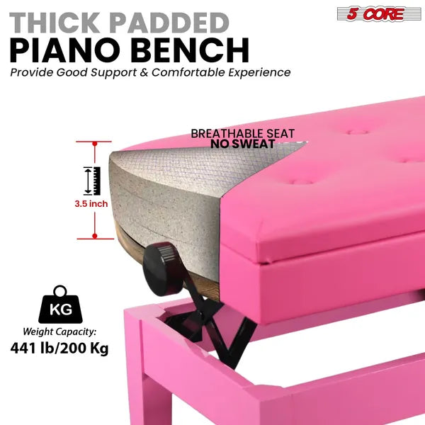 Heavy Duty Adjustable Piano Bench - Pink Padded Stool with Storage