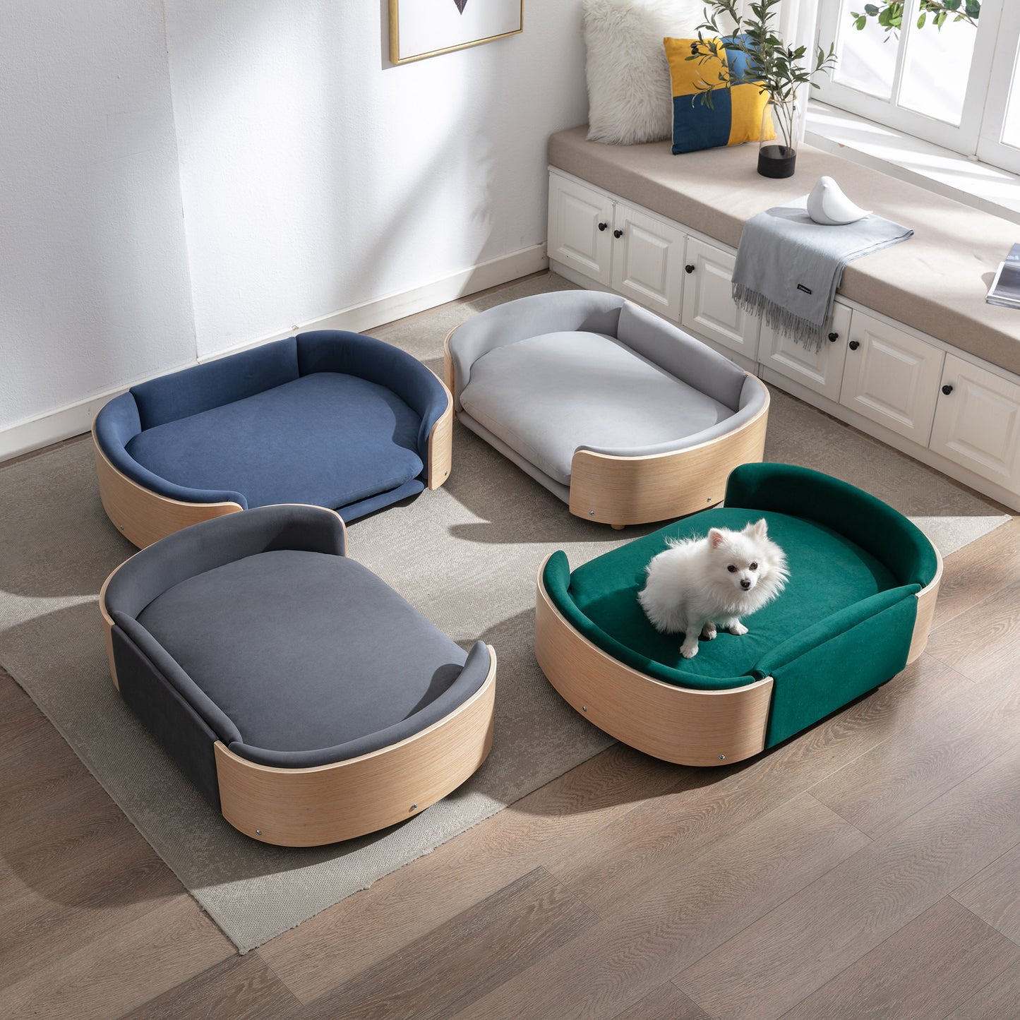Large Scandinavian Style Elevated Dog Bed with Velvet Cushion and Solid Wood Legs