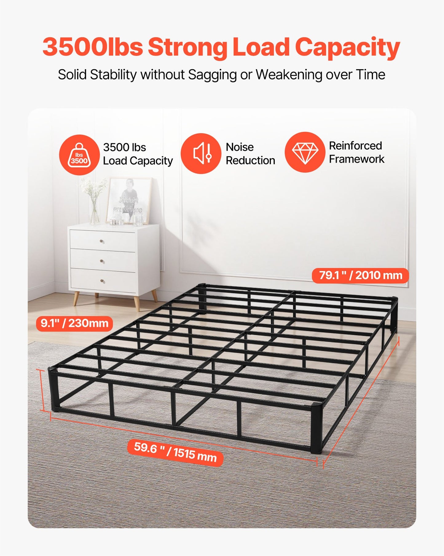 Queen Size Bed Frame with Washable Fabric Cover - Heavy Duty Metal Support