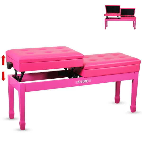 Padded Adjustable Piano Bench - 3.5 Inch Cushioned Stool with Storage - Cherry
