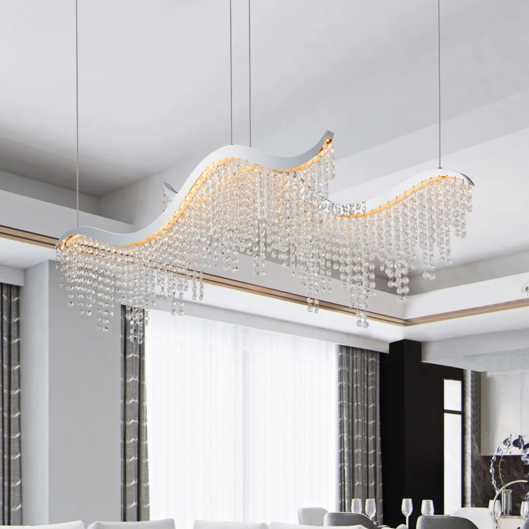 36-Inch Modern Wave LED Crystal Chandelier - Dimmable & Adjustable Height