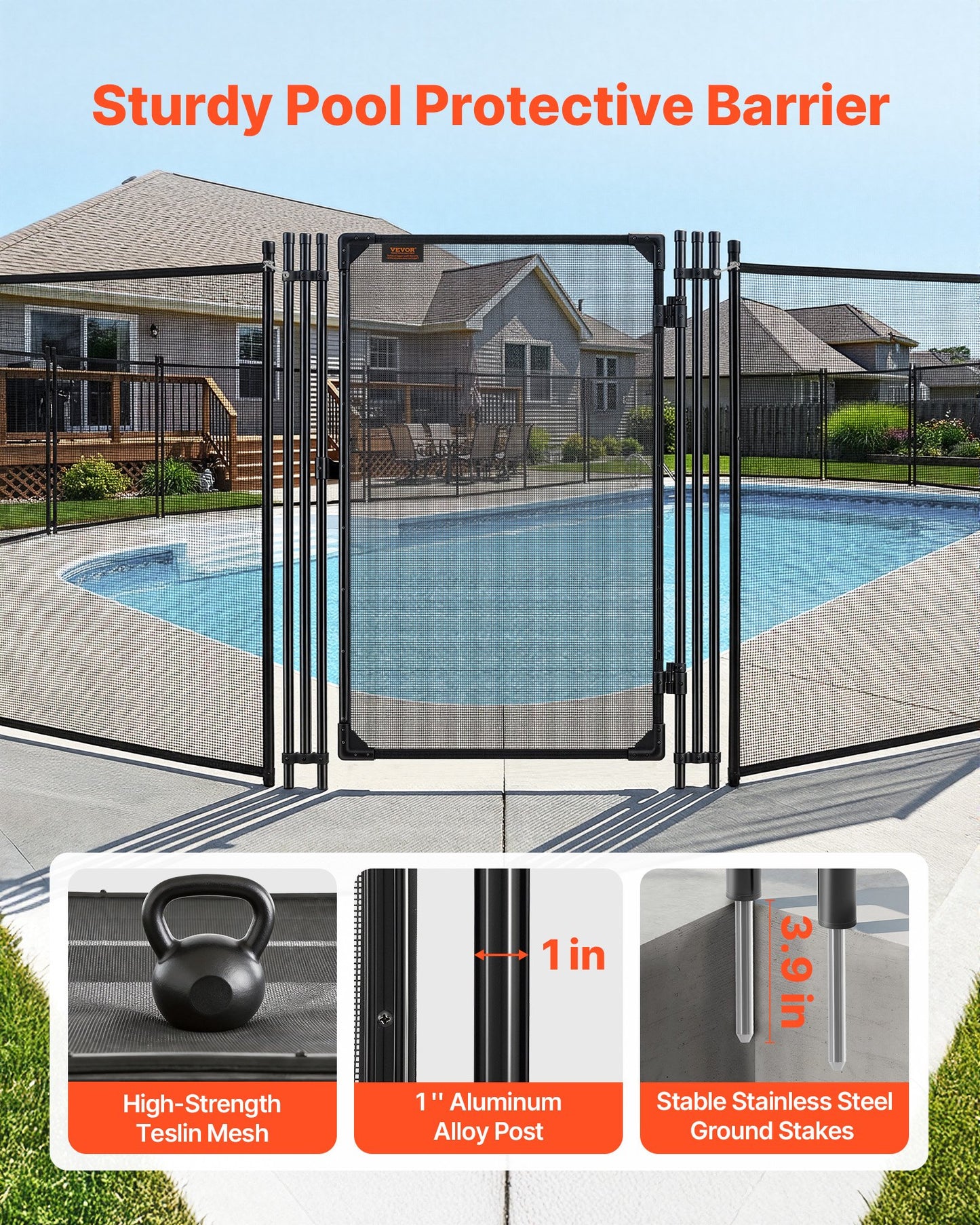 Black Pool Fence Gate 4x2.5 Ft Security Mesh Outdoor Barrier with Lockable Latch