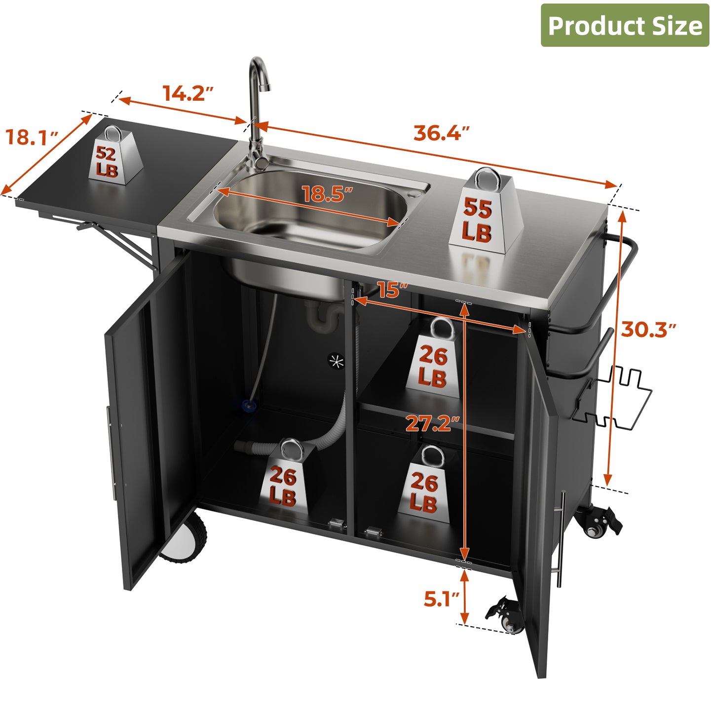 Outdoor Grill Table with Sink and Storage Cart - Metal Worktable for Garden & Backyard